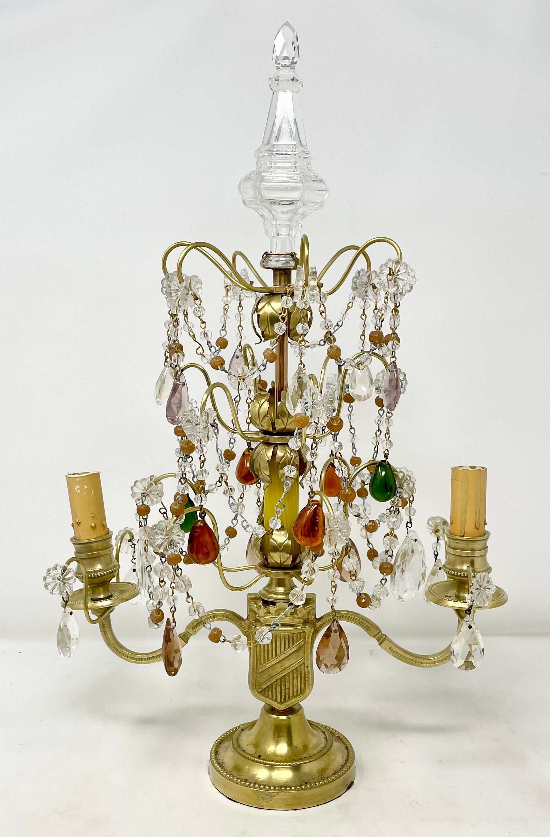 Small Elegant Pair of Antique French Cut Crystal & Gold Bronze Candelabras, Circa 1875-1895.
Clear and Multi-Colored Crystals