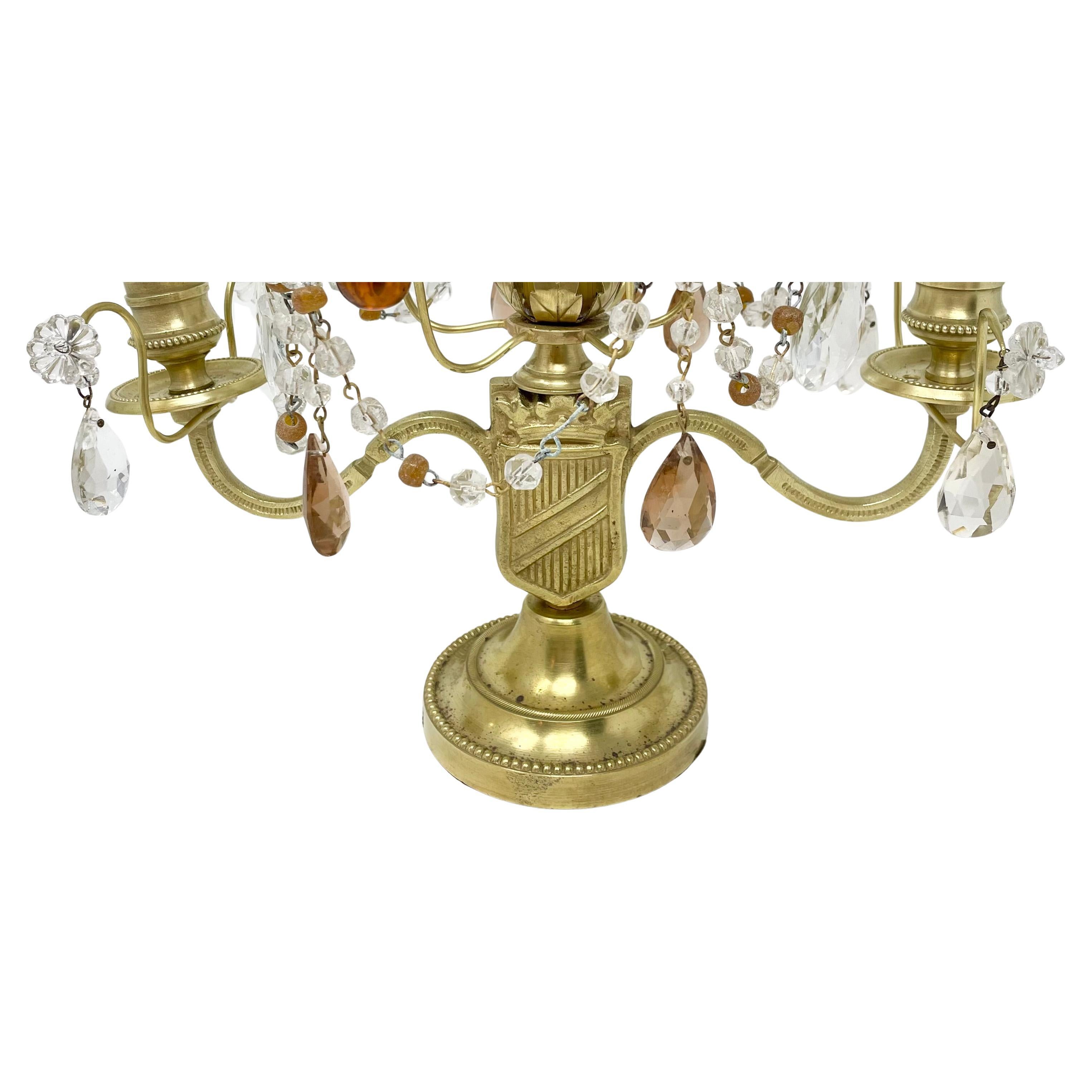 19th Century Small Pair Antique French Cut Crystal & Gold Bronze Candelabras, Circa 1875-1895 For Sale