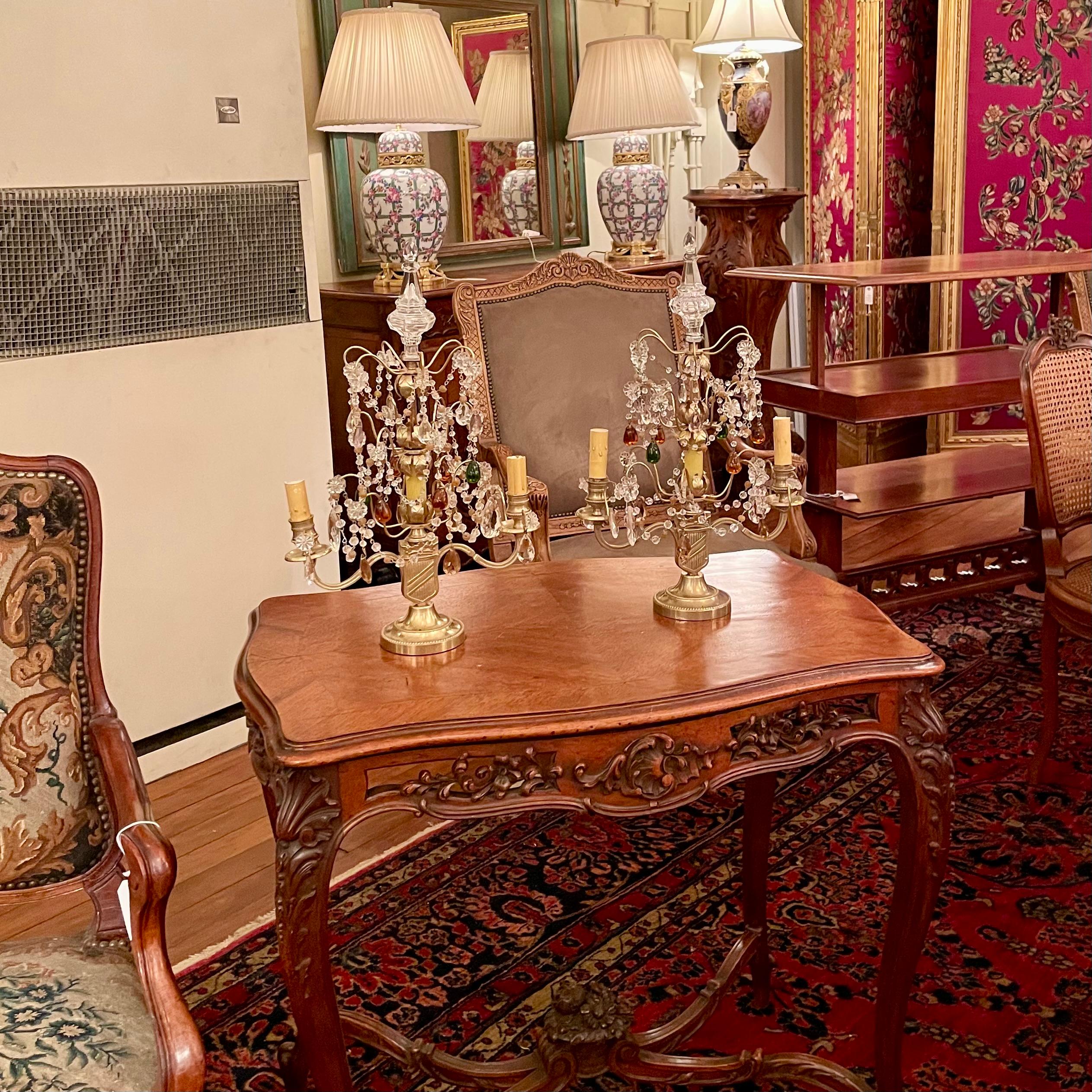 Small Pair Antique French Cut Crystal & Gold Bronze Candelabras, Circa 1875-1895 For Sale 3