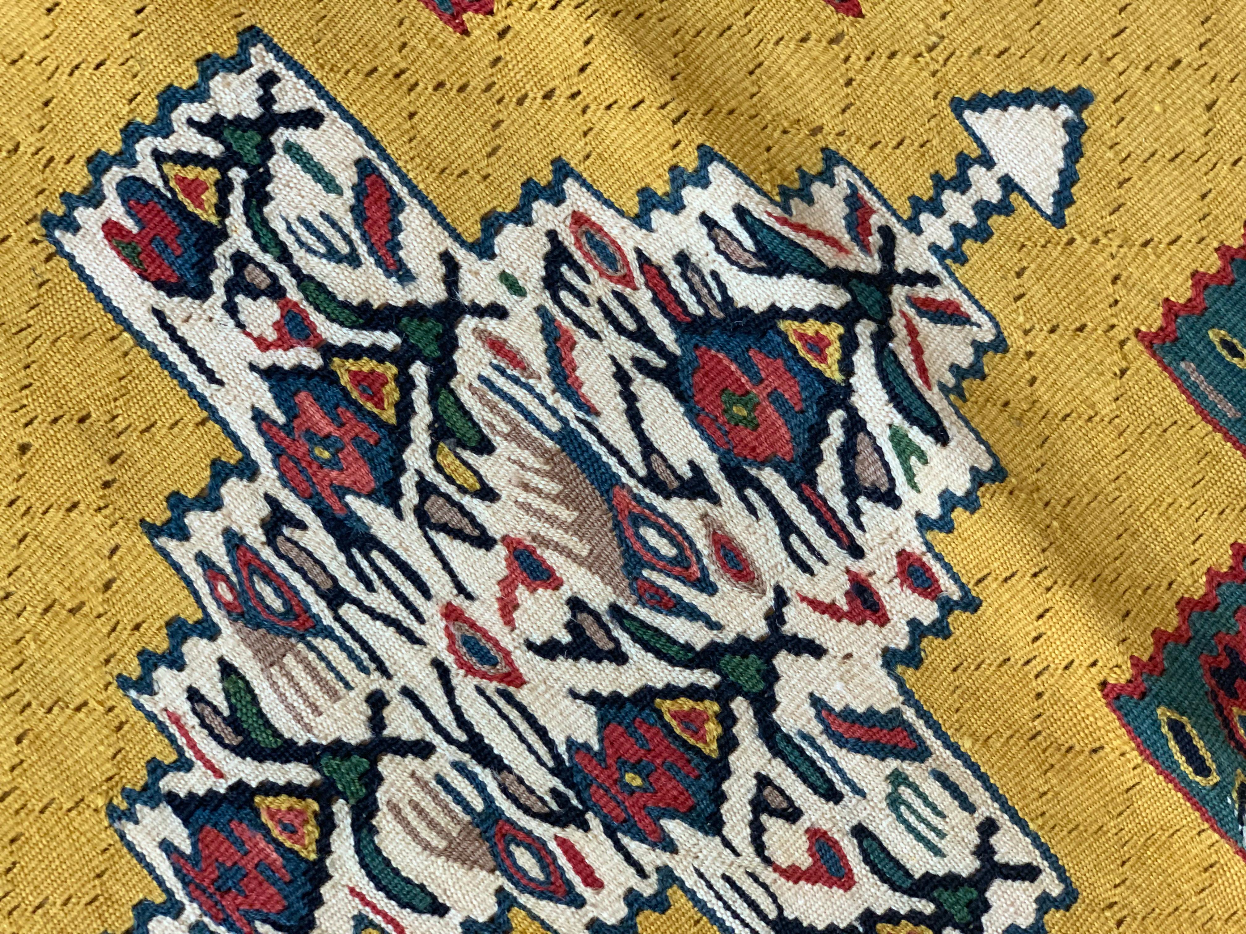 Small Pair Geometric Carpet Silk Kilims Handmade Flat Yellow Kilim Rugs For Sale 2