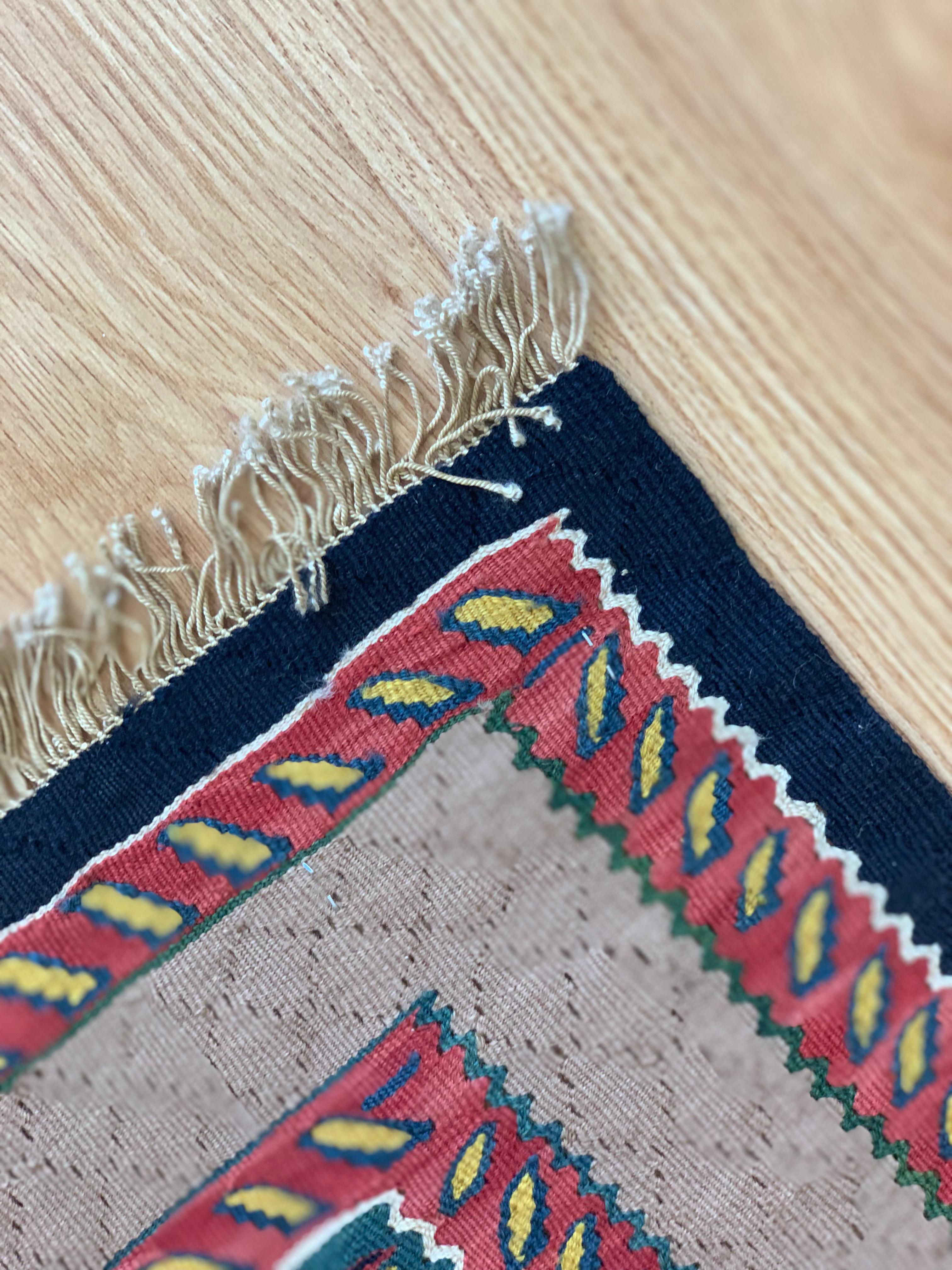 Small Pair Geometric Carpet Silk Kilims Handmade Flat Yellow Kilim Rugs For Sale 3