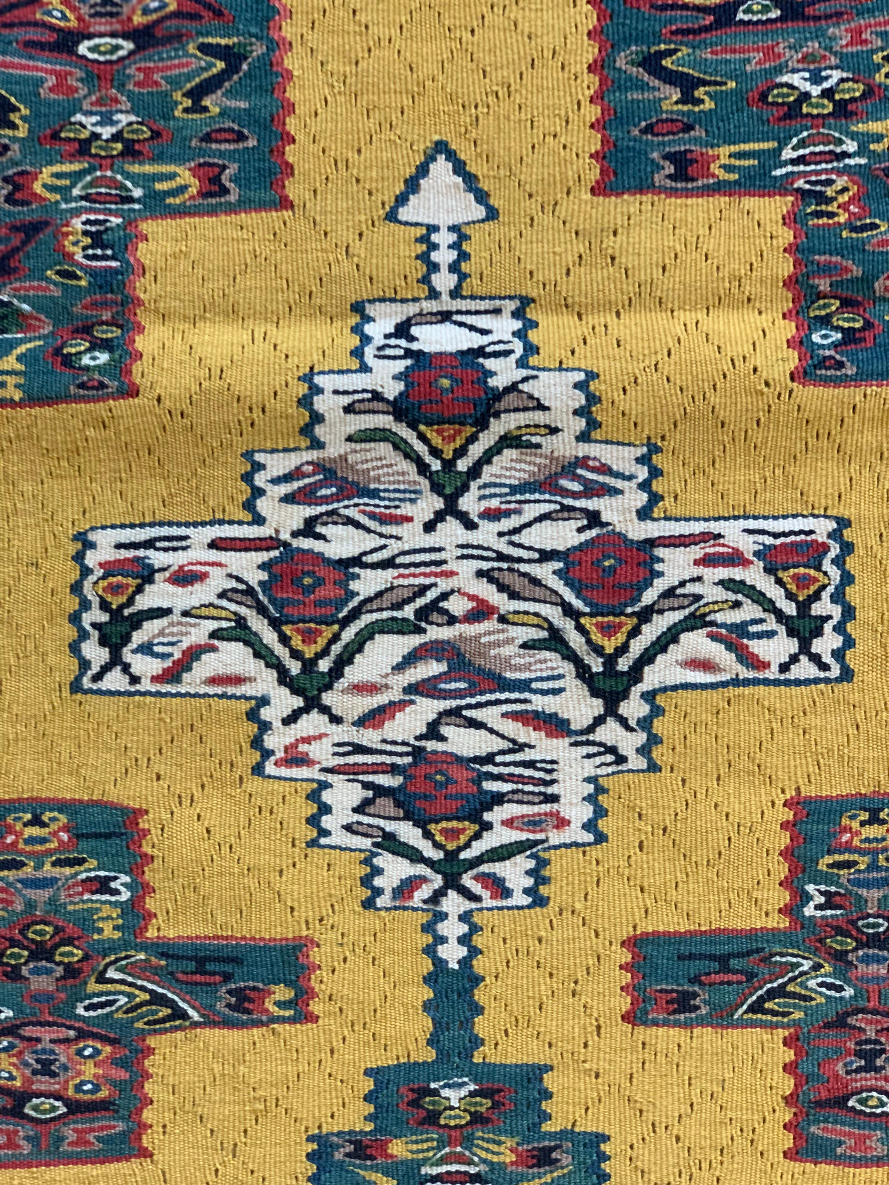 Small Pair Geometric Carpet Silk Kilims Handmade Flat Yellow Kilim Rugs For Sale 4