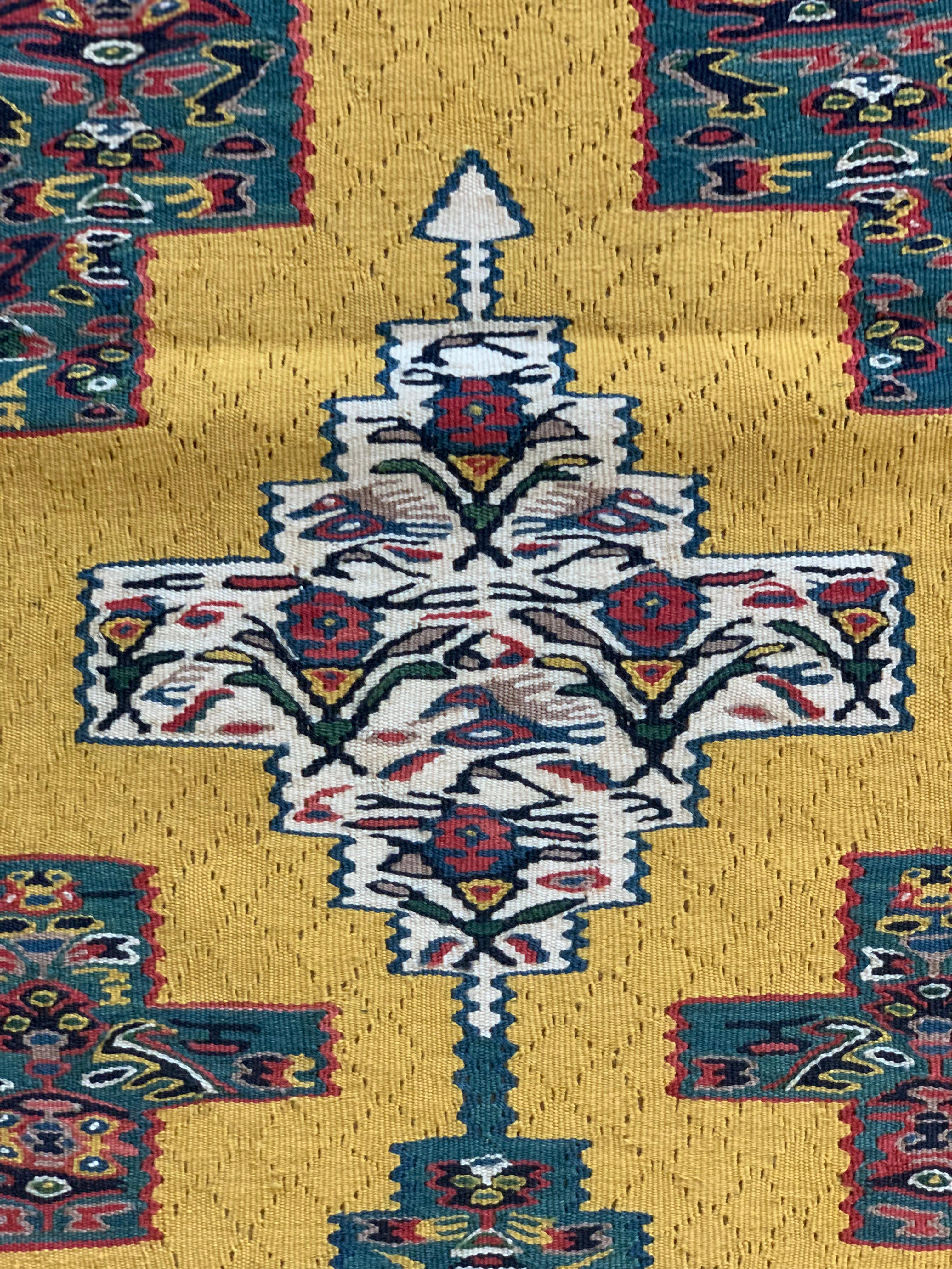 Small Pair Geometric Carpet Silk Kilims Handmade Flat Yellow Kilim Rugs For Sale 5