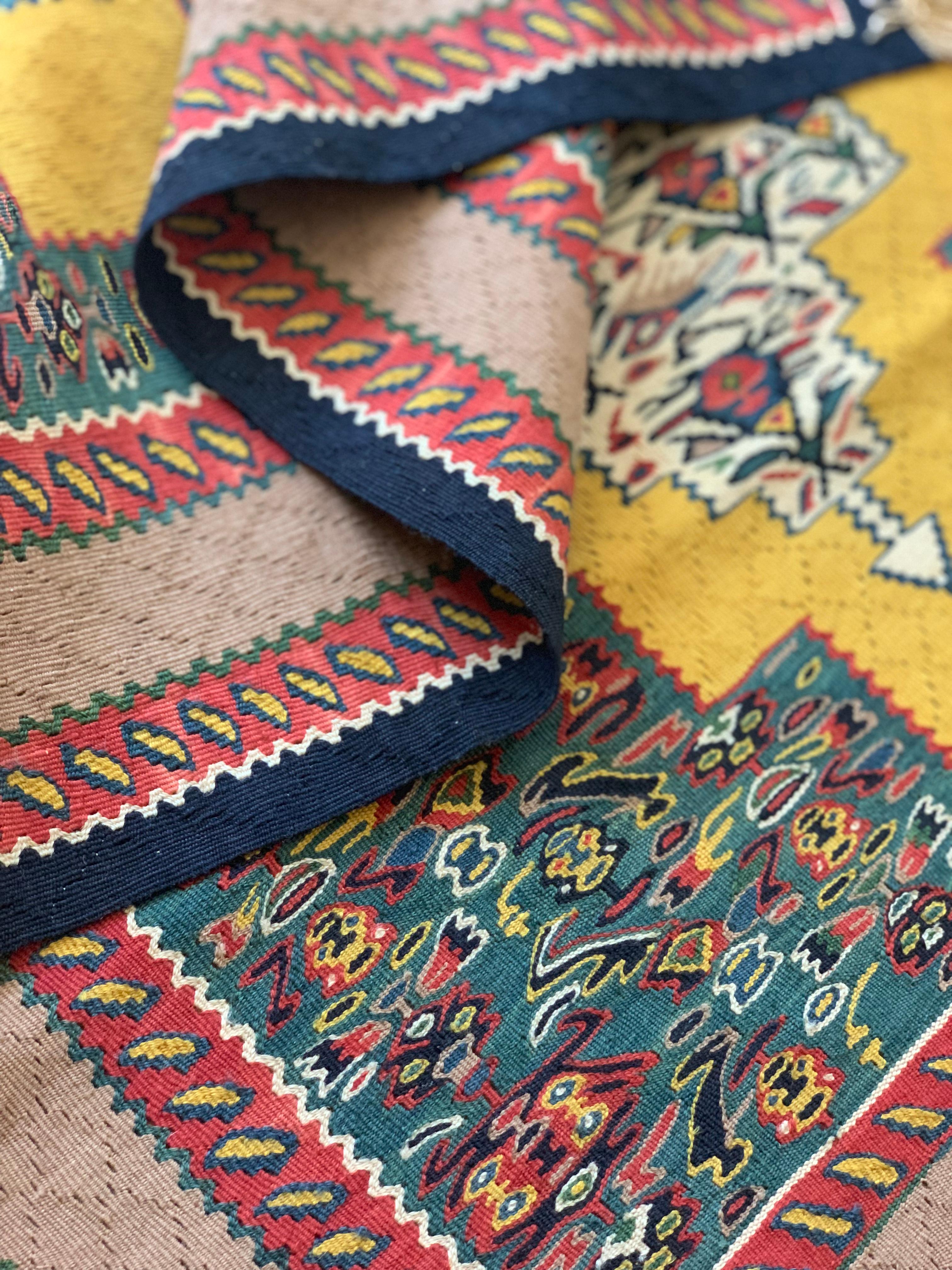 Small Pair Geometric Carpet Silk Kilims Handmade Flat Yellow Kilim Rugs For Sale 5
