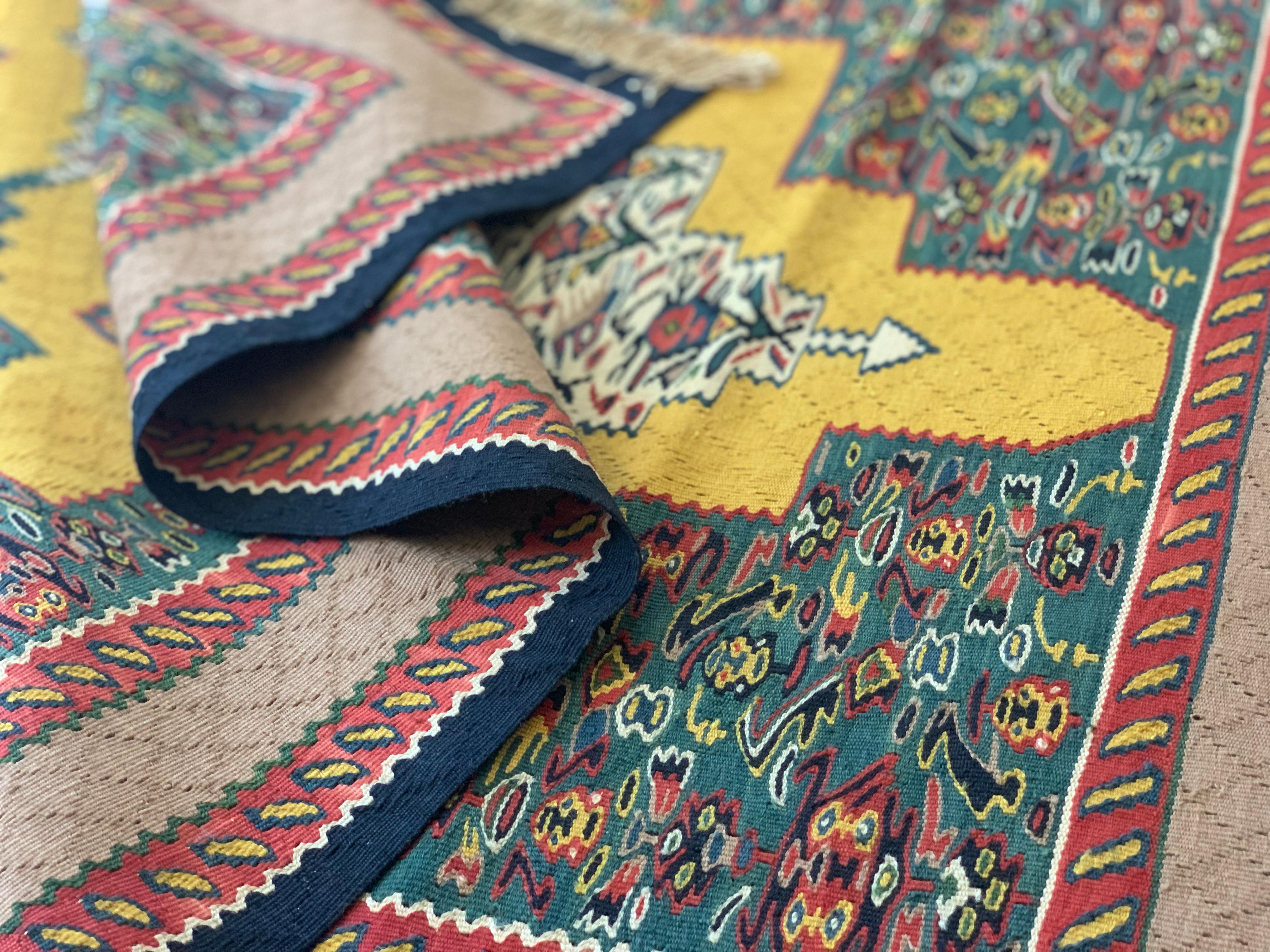 Small Pair Geometric Carpet Silk Kilims Handmade Flat Yellow Kilim Rugs For Sale 6
