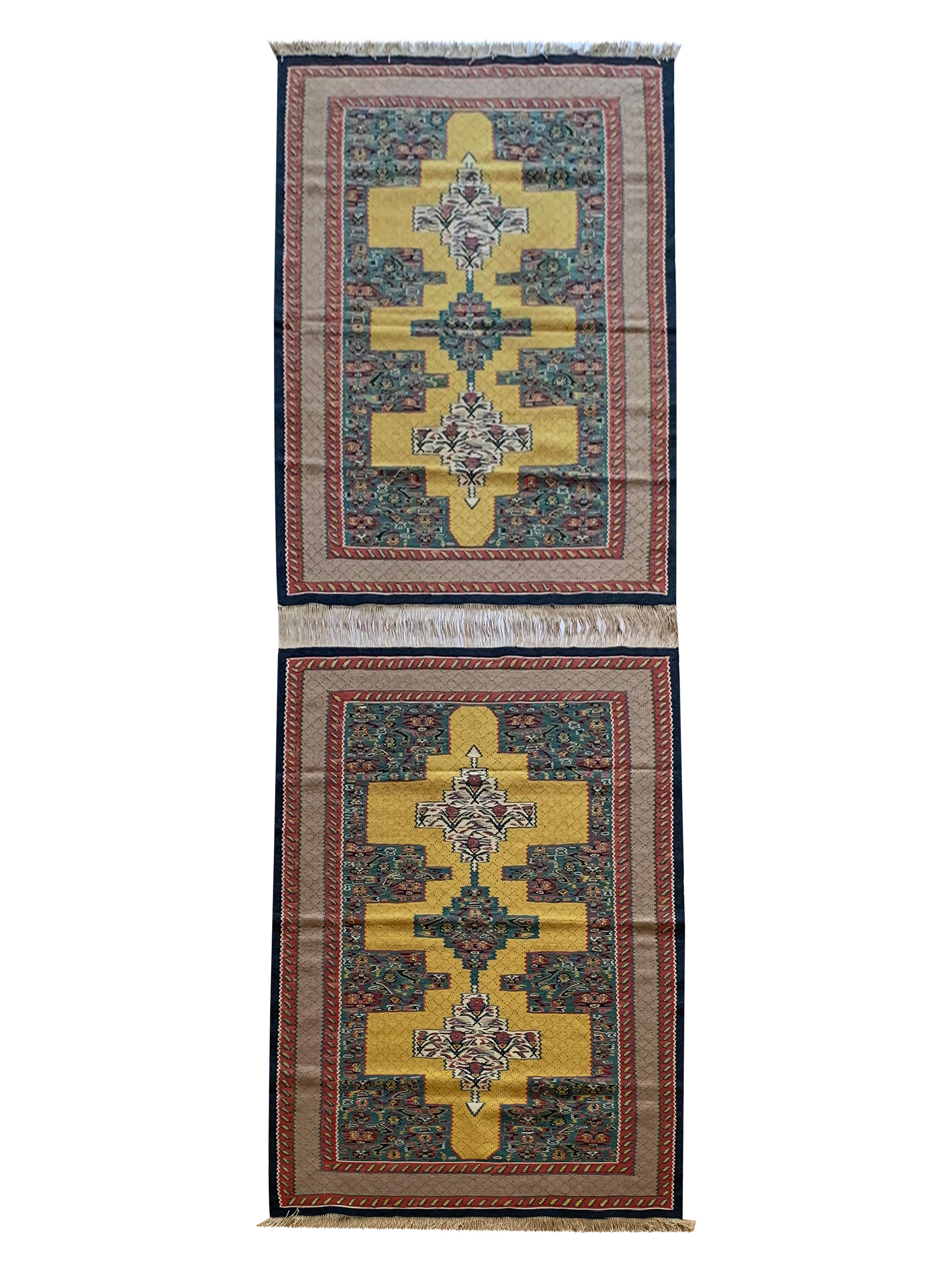 Tribal Small Pair Geometric Carpet Silk Kilims Handmade Flat Yellow Kilim Rugs For Sale