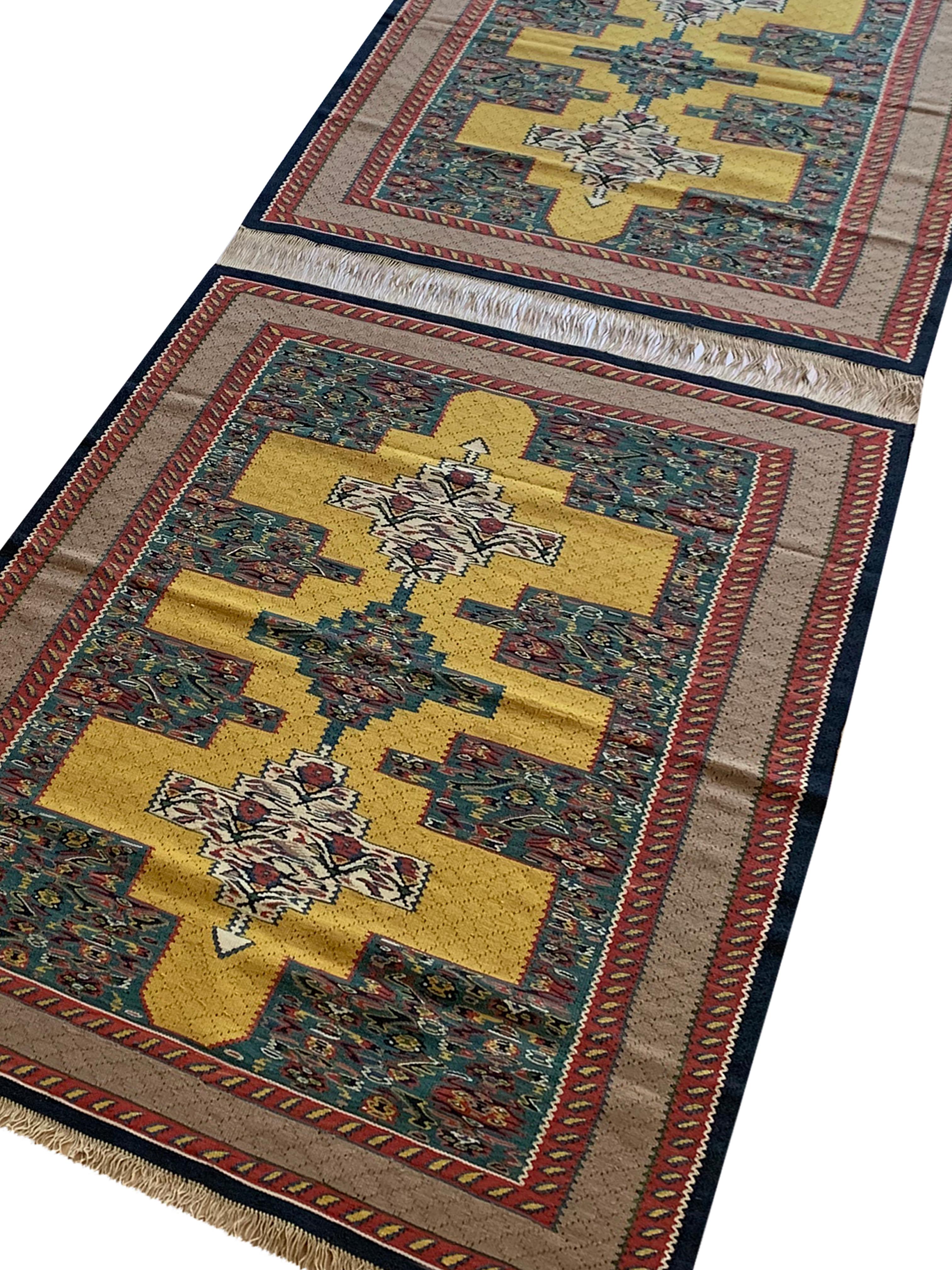 Iraqi Small Pair Geometric Carpet Silk Kilims Handmade Flat Yellow Kilim Rugs For Sale