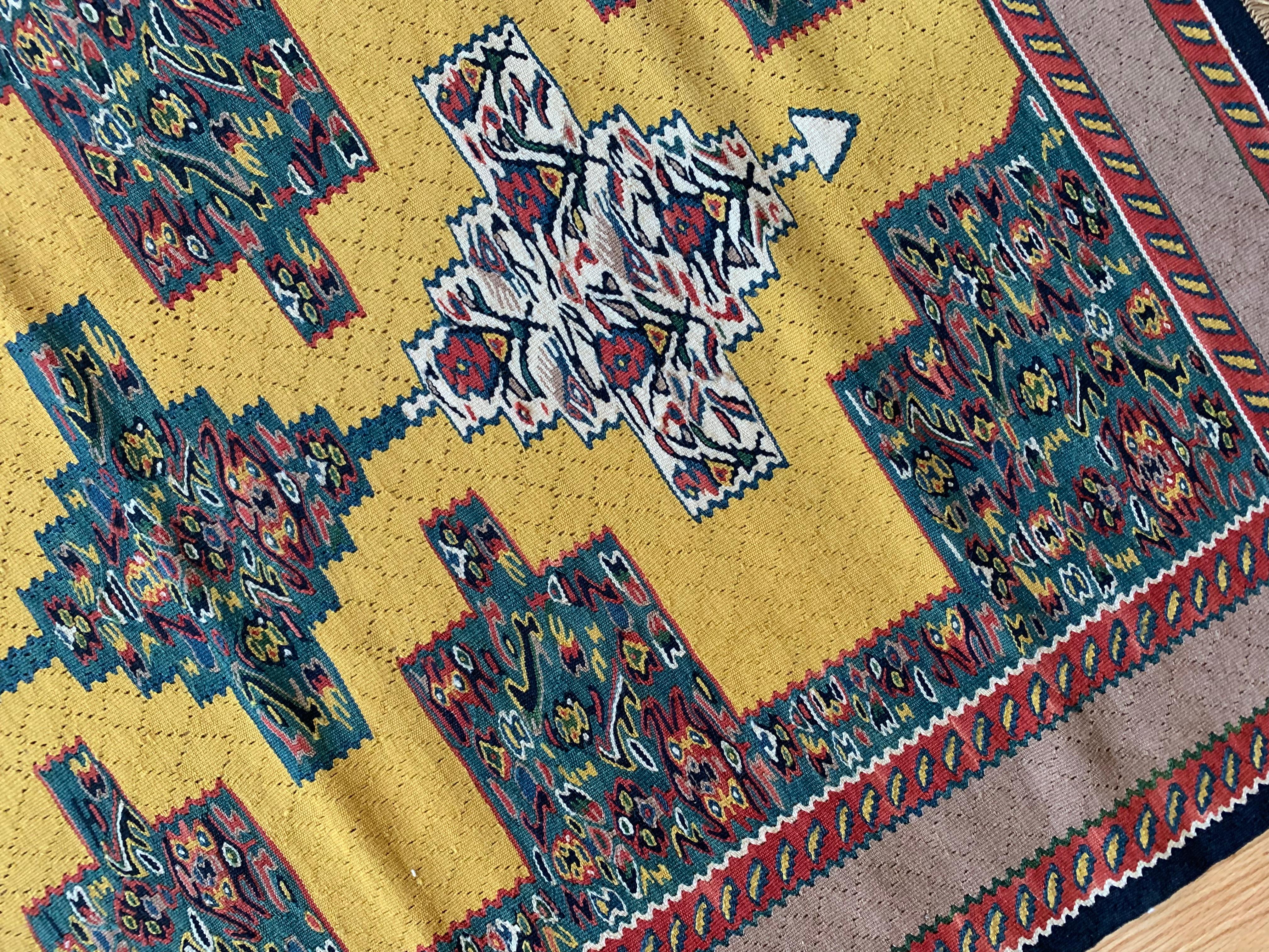 Contemporary Small Pair Geometric Carpet Silk Kilims Handmade Flat Yellow Kilim Rugs For Sale