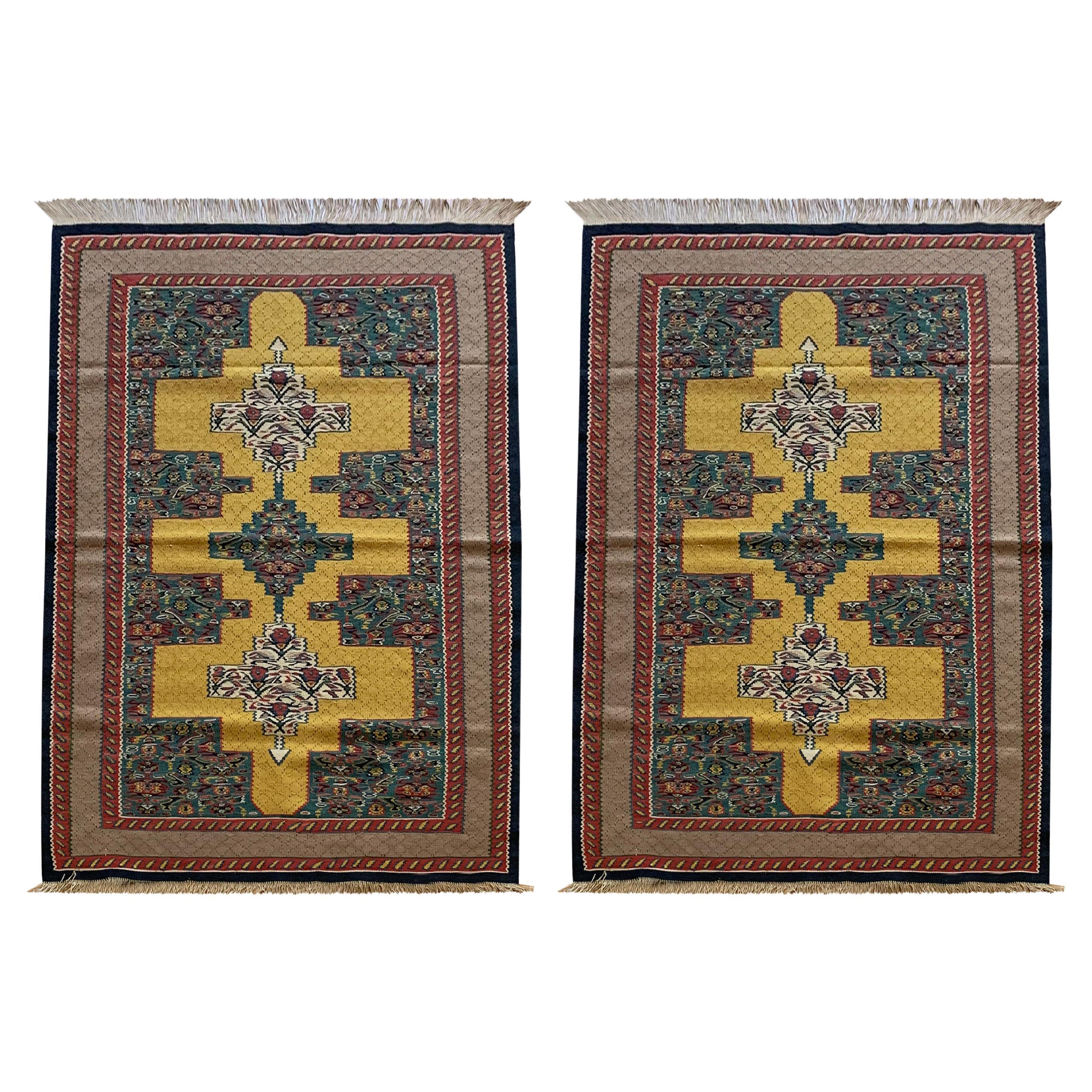 Small Pair Geometric Carpet Silk Kilims Handmade Flat Yellow Kilim Rugs