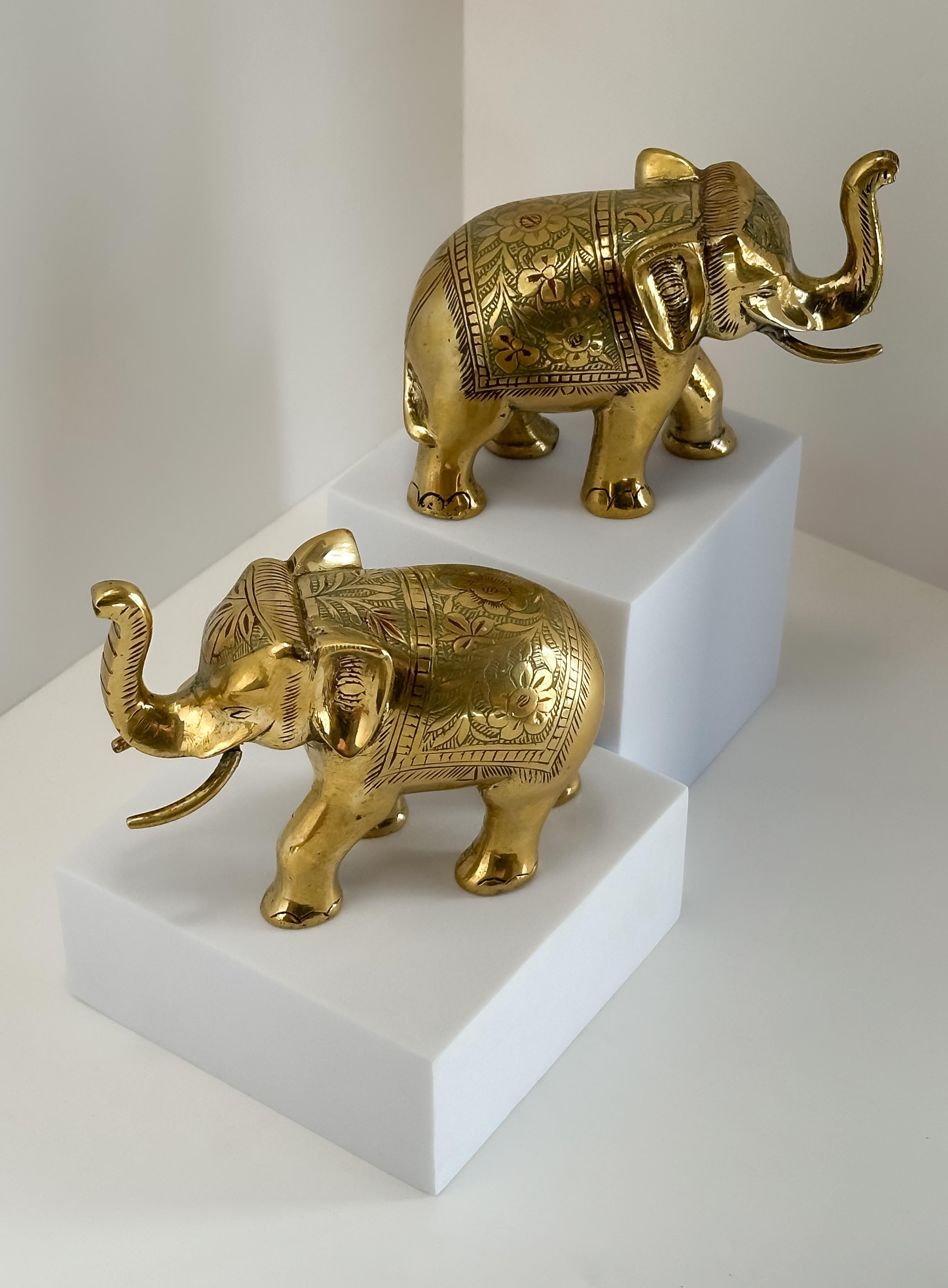 Cast 1960s Anglo-Indian Enamelled Brass Elephant Figurines - Pair