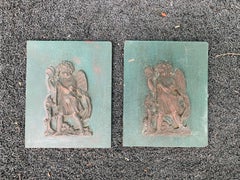 Small Pair of 19th-20th Century Carved Wooden Plaques with Putti