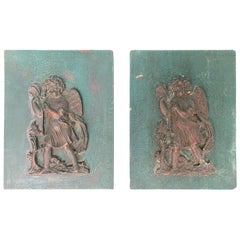 Small Pair of 19th-20th Century Carved Wooden Plaques with Putti