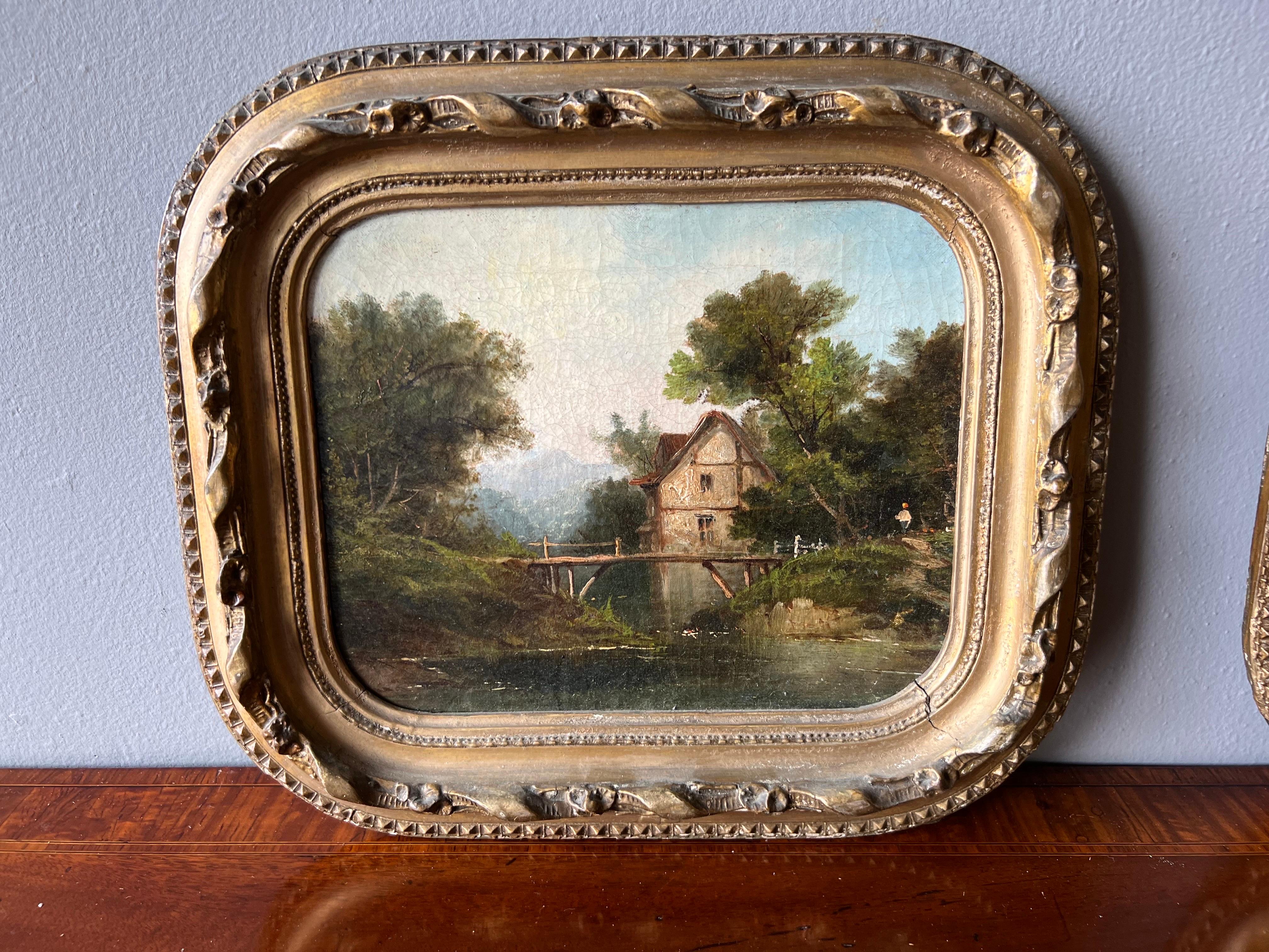 European Small Pair of 19th Century Continental Paintings in Original Giltwood Frames