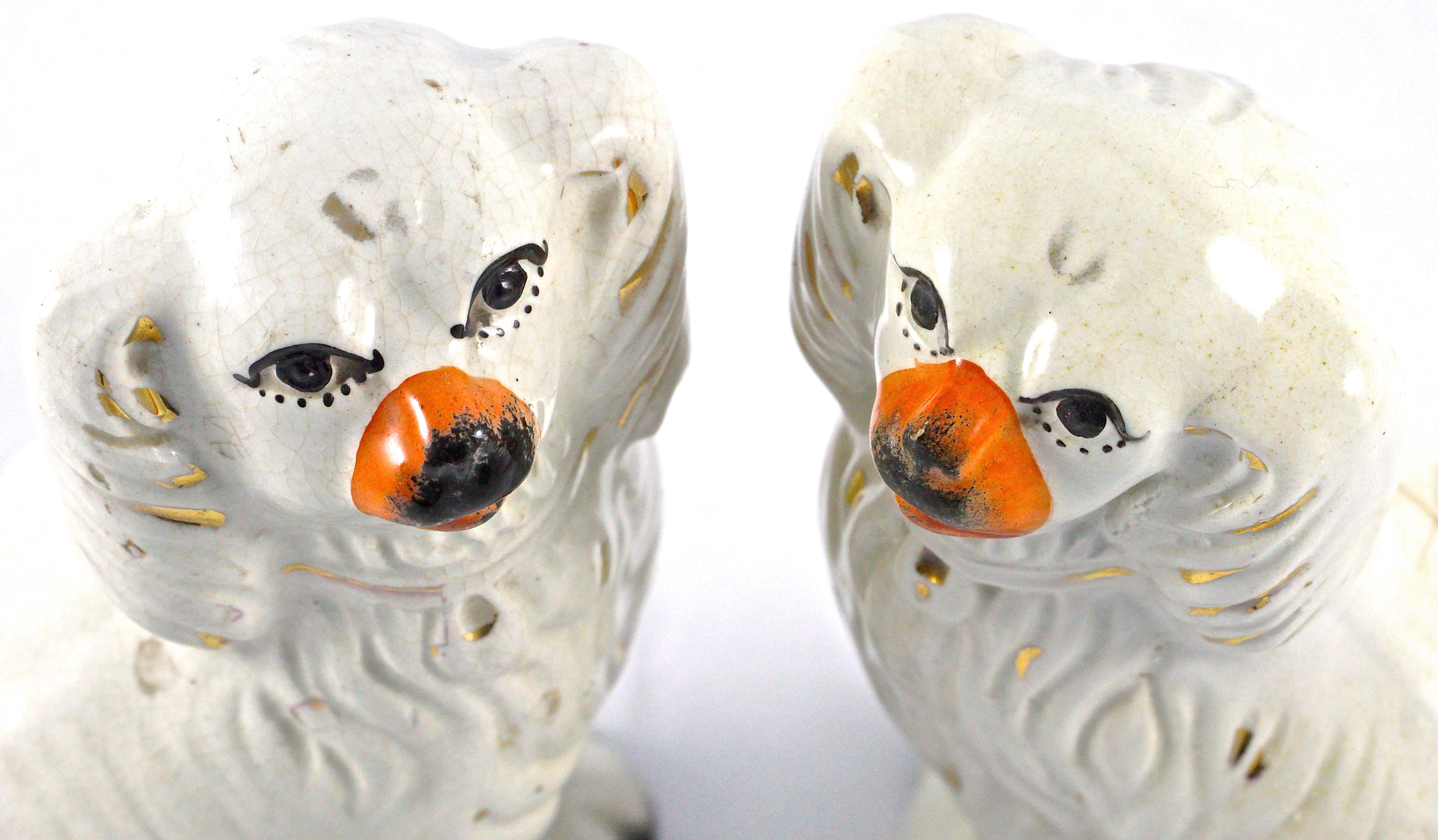 Women's or Men's Small Pair of Antique Staffordshire Hand Painted Pottery Dog Figurines