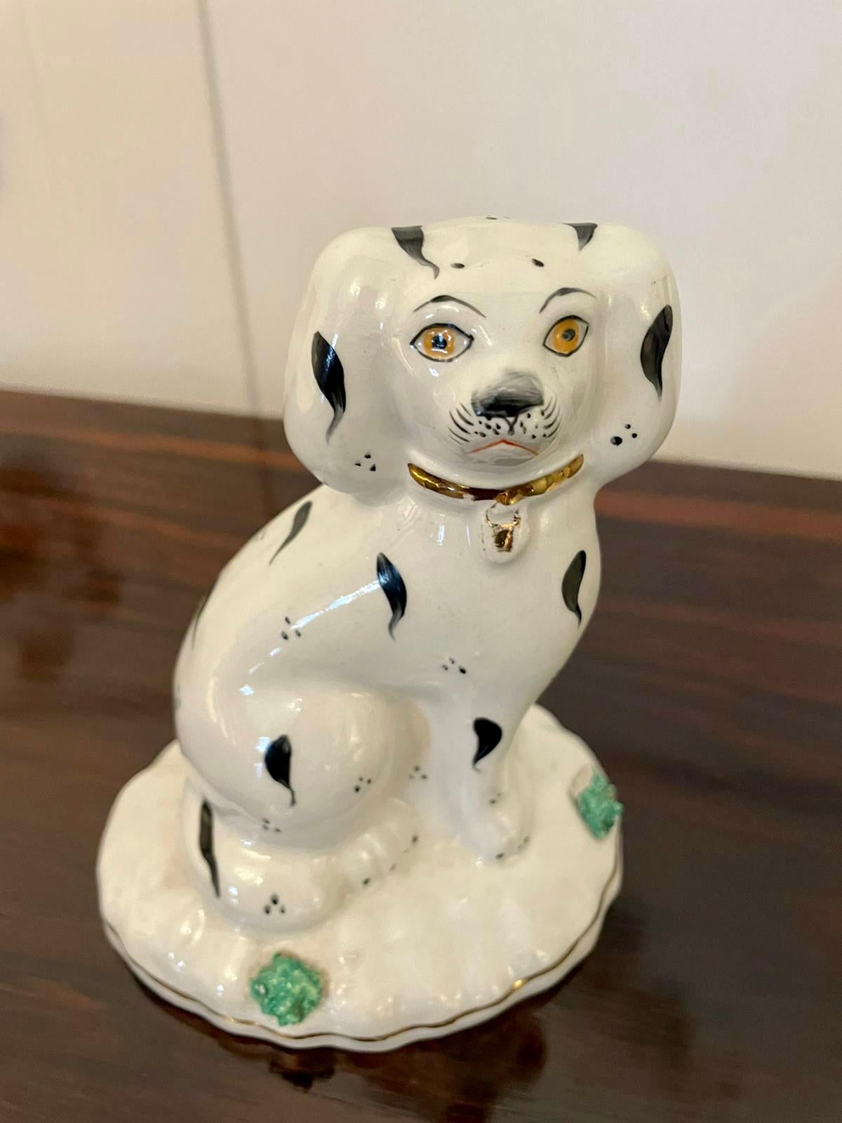 Small Pair of antique Victorian quality Staffordshire dogs having lovely hand painted black and white coloured coats with a gold collar and padlock 

In perfect original condition

H 13.5 x W 11 x D 8cm
Date 1860
