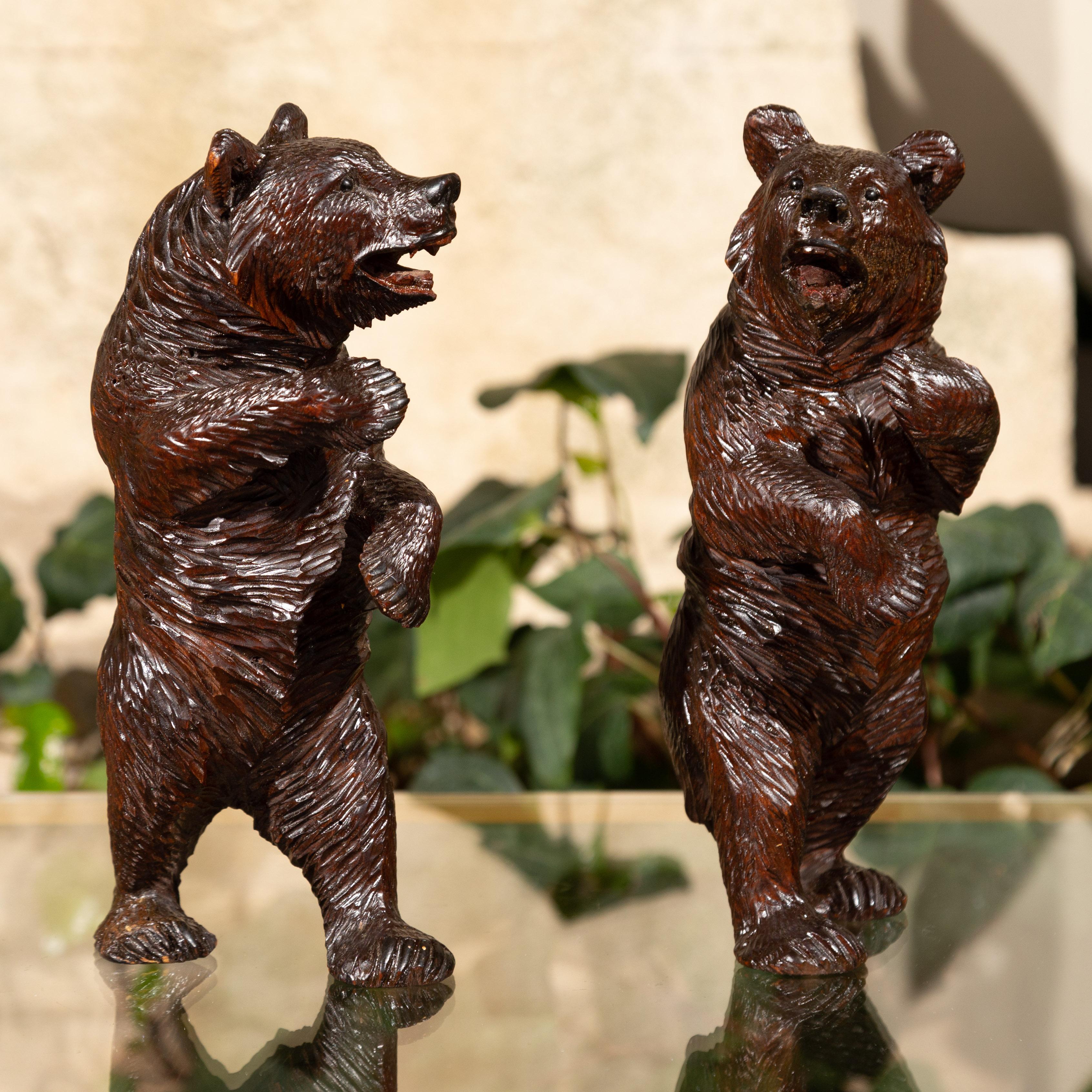 Small Pair of Black Forest Carved Wooden Bears in Standing Position, circa 1900 (Schwarzwald)