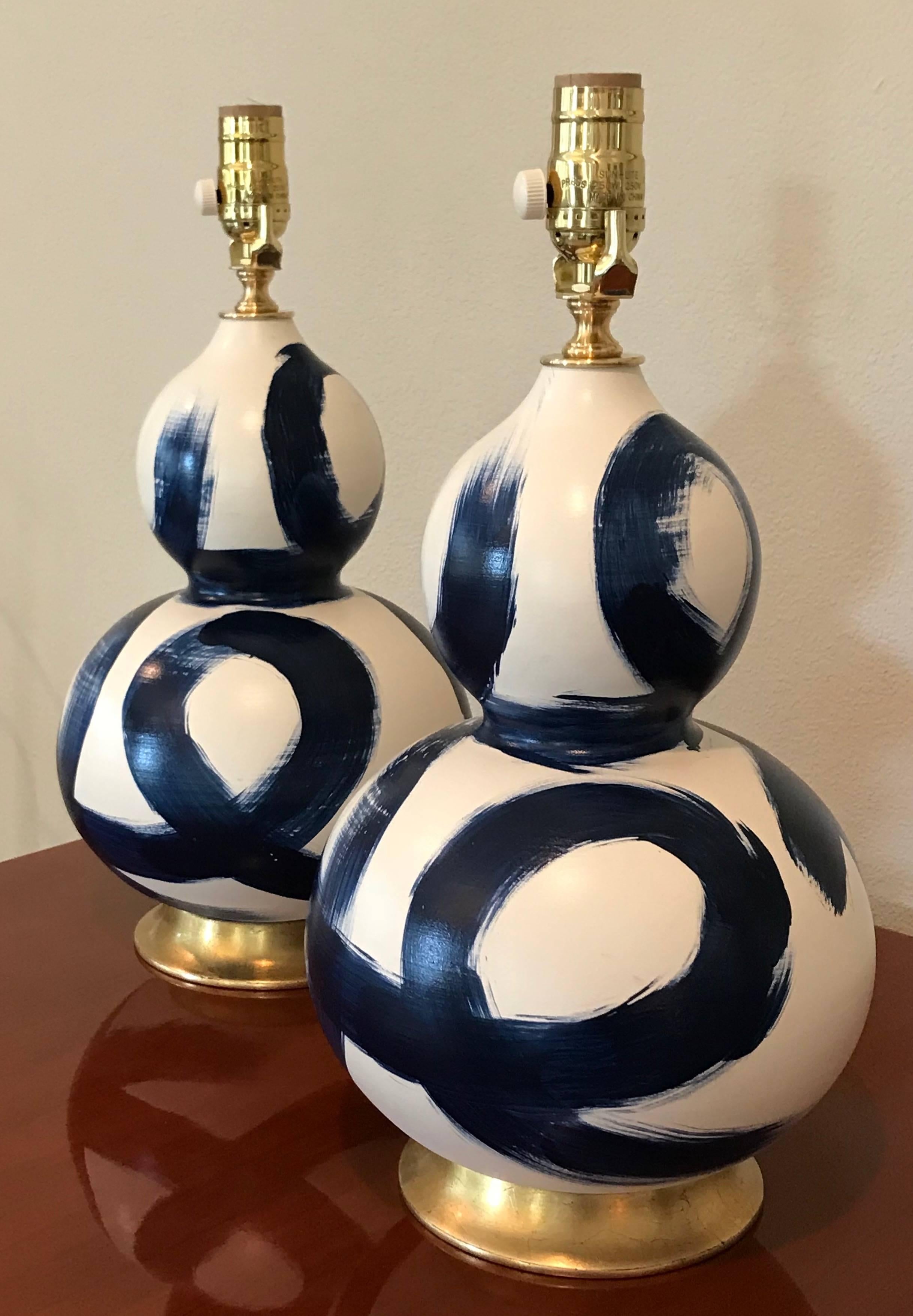 Unknown Small Pair of Blue and White Ceramic Double Gourd Shape Lamps on Gilt Bases