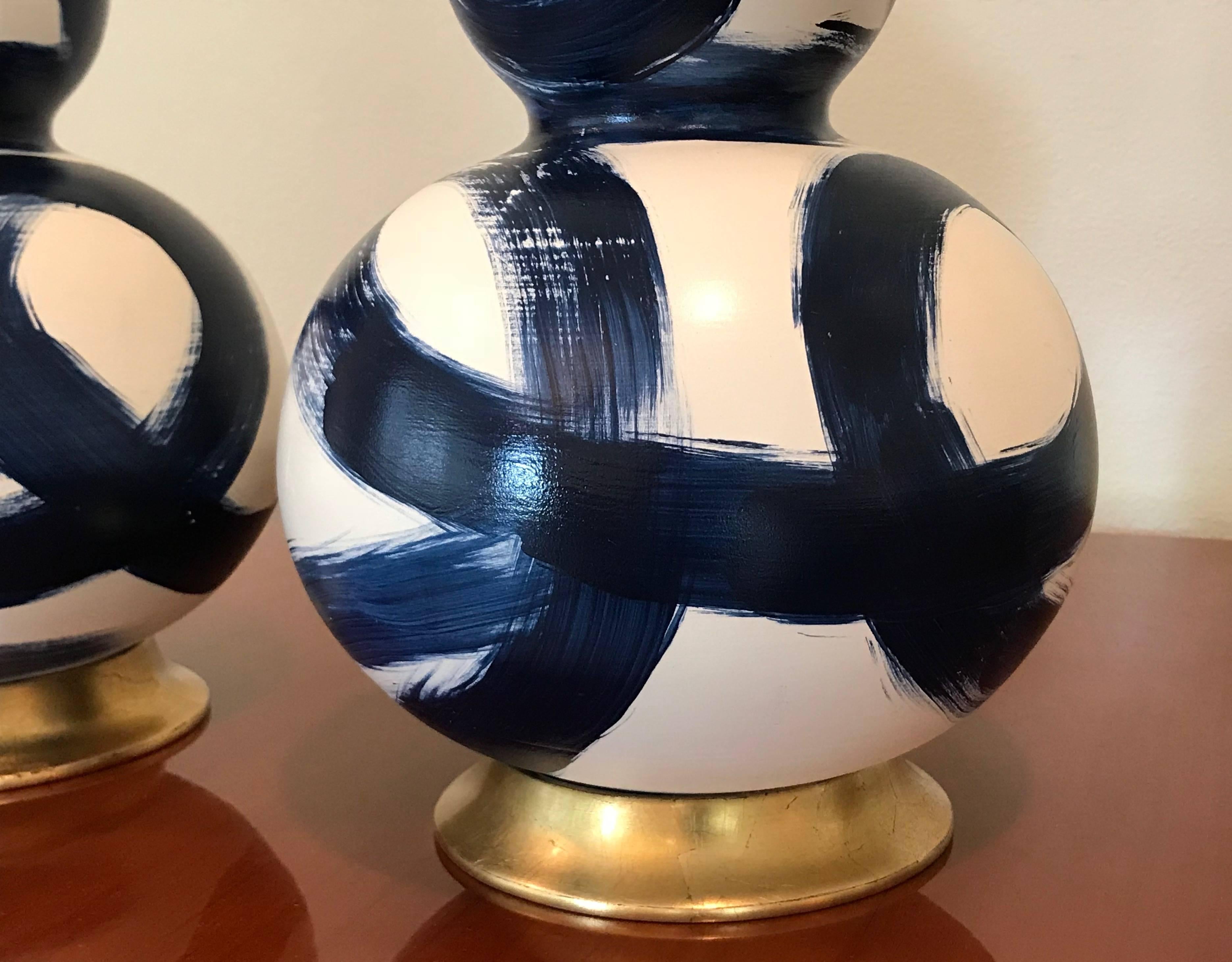 Small Pair of Blue and White Ceramic Double Gourd Shape Lamps on Gilt Bases 3