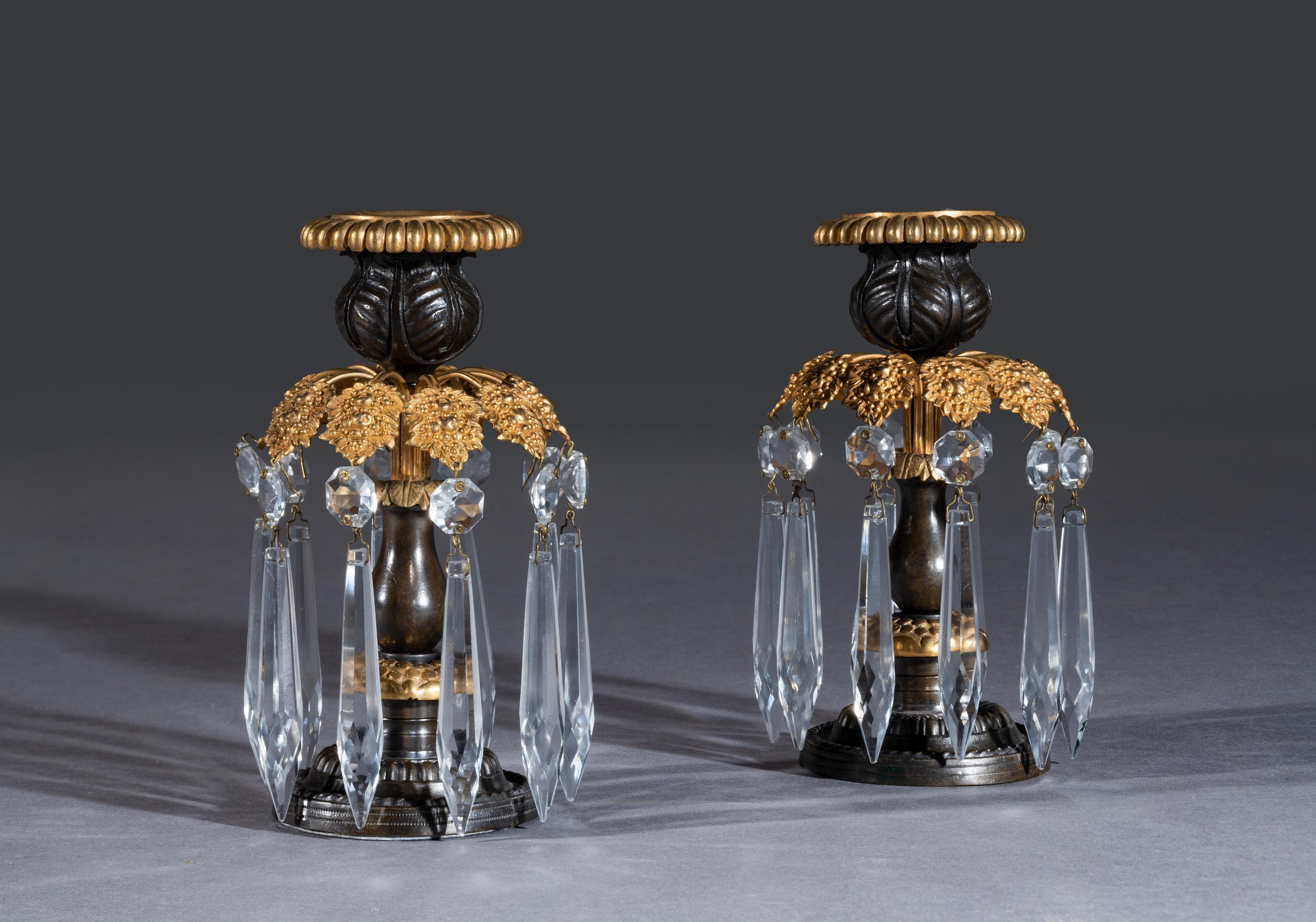 English Small Pair of Early 19th Century Regency Period Gilt Brass Candlestick Lustres For Sale