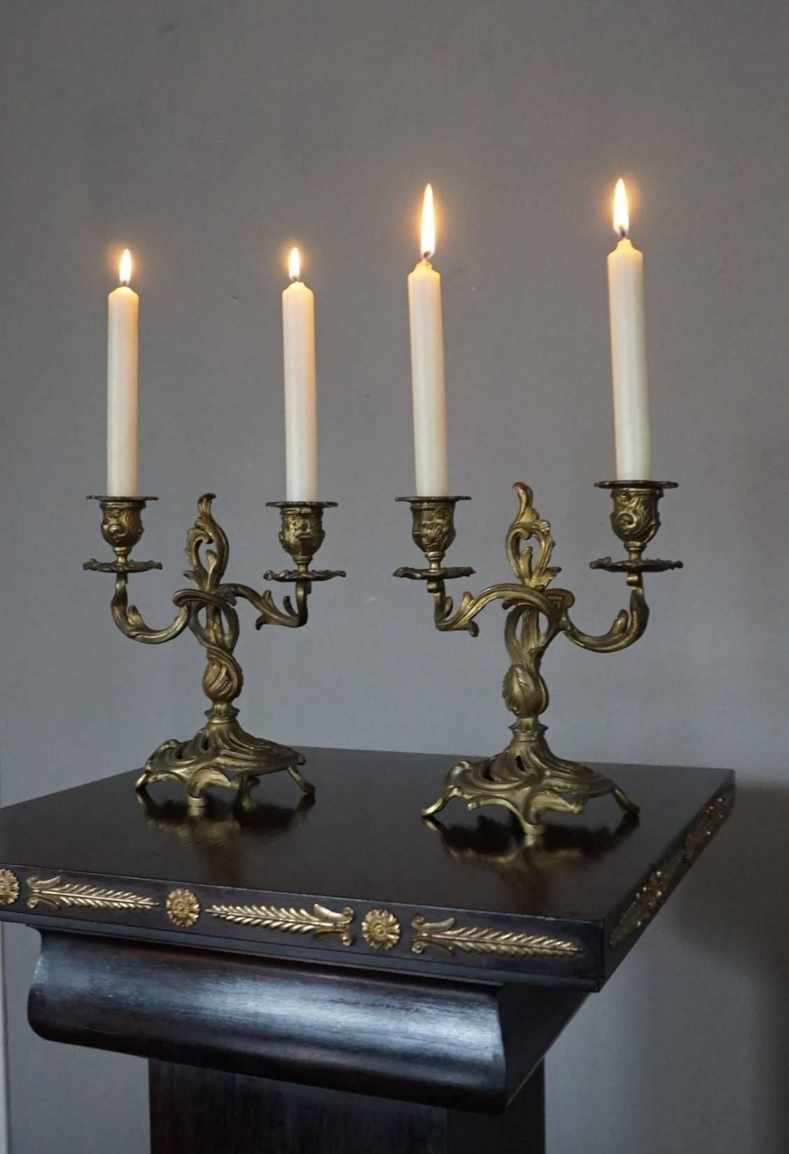 Small Pair of Early 20th Century Gilt Bronze French Candelabras / Candleholders 6