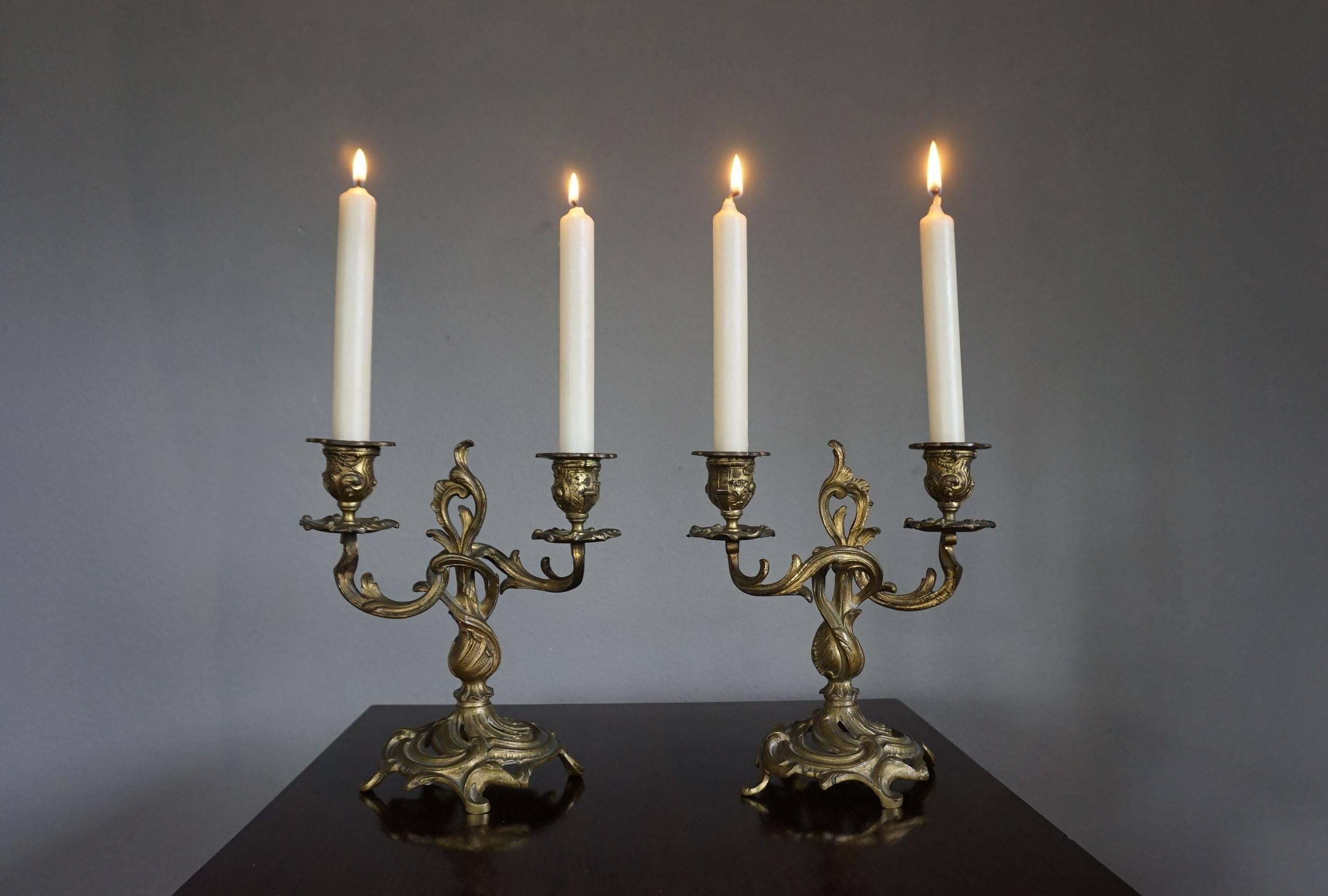 Louis XV Small Pair of Early 20th Century Gilt Bronze French Candelabras / Candleholders
