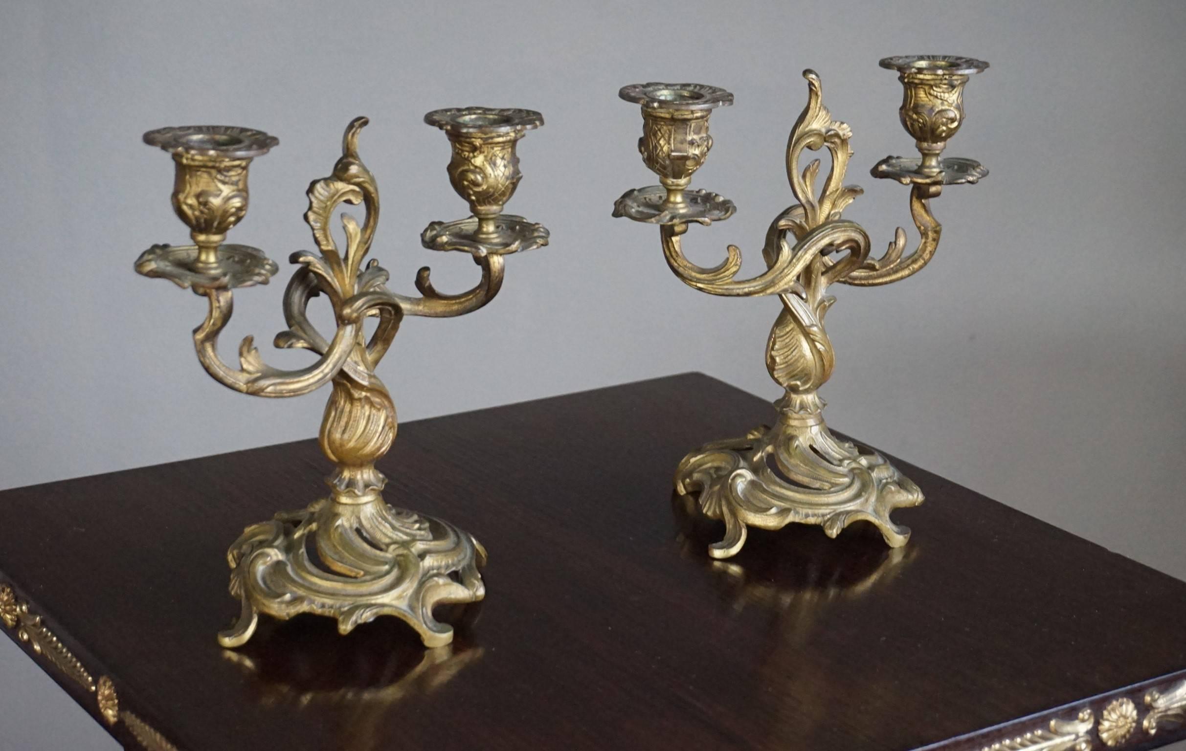 Small Pair of Early 20th Century Gilt Bronze French Candelabras / Candleholders 4