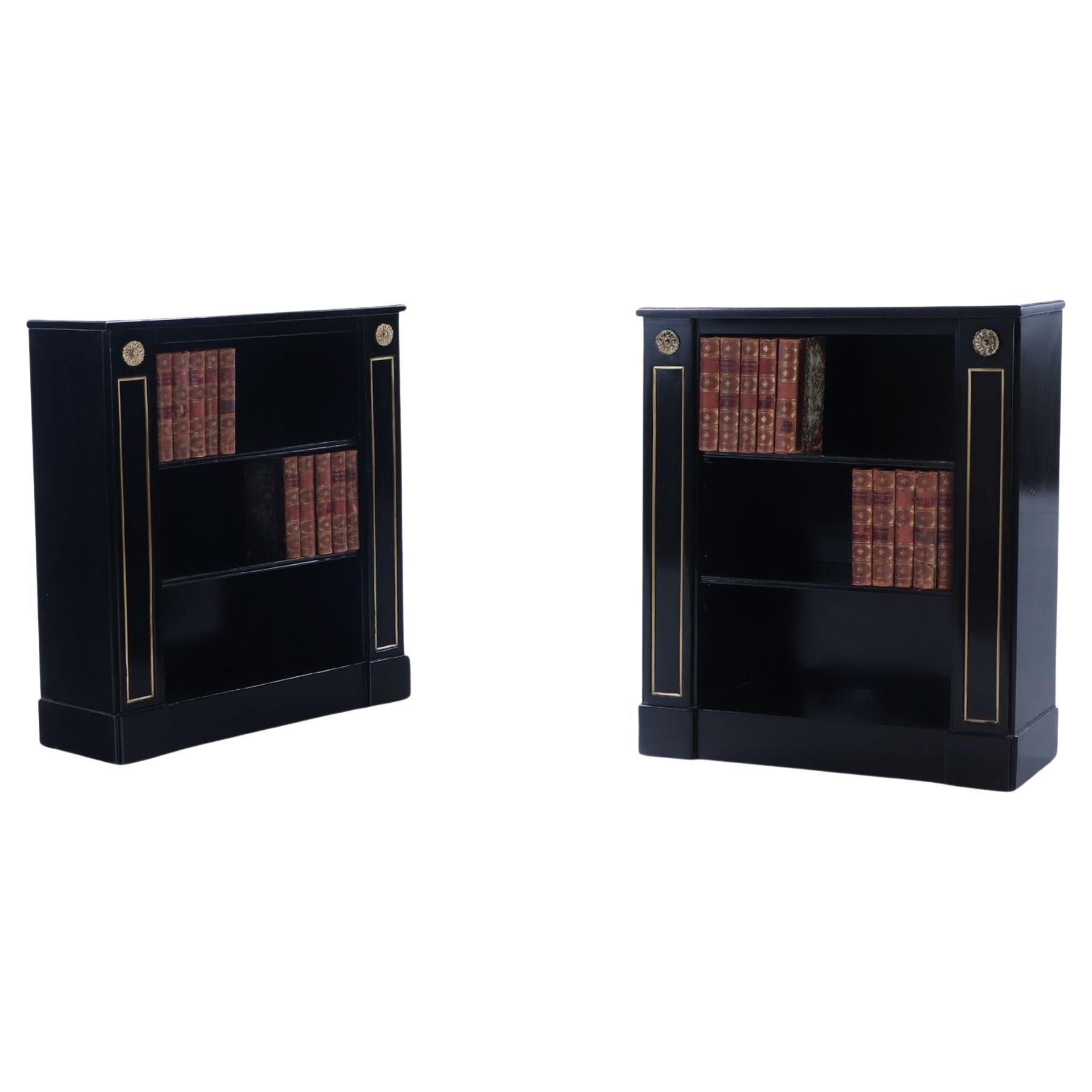 Small pair of ebonized open bookcases having bronze circa 1940. For Sale