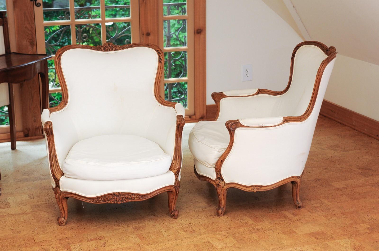 Small Pair of French 19th Century Louis XV Style Walnut Bergères with Upholstery 8