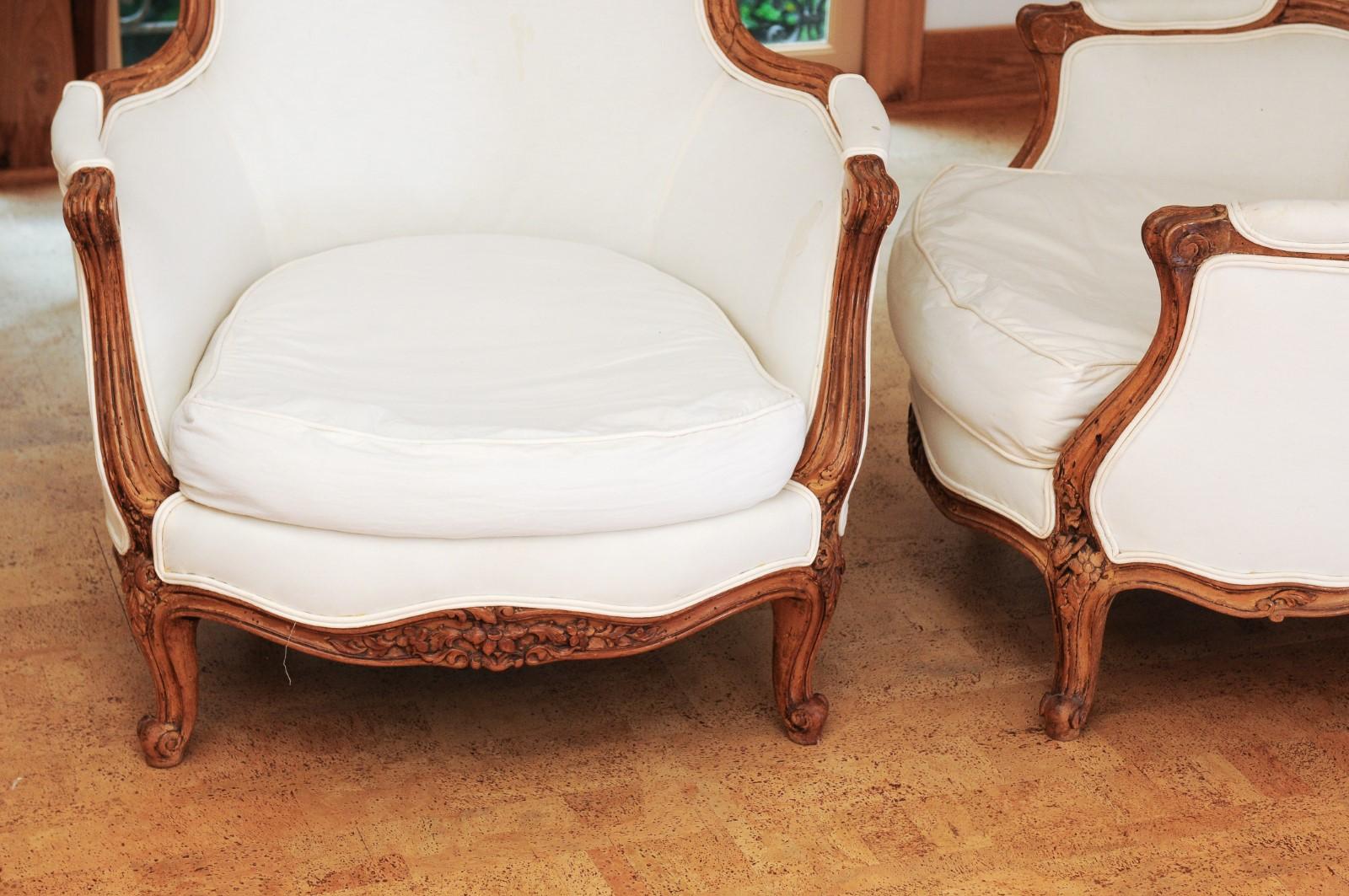 Small Pair of French 19th Century Louis XV Style Walnut Bergères with Upholstery 11