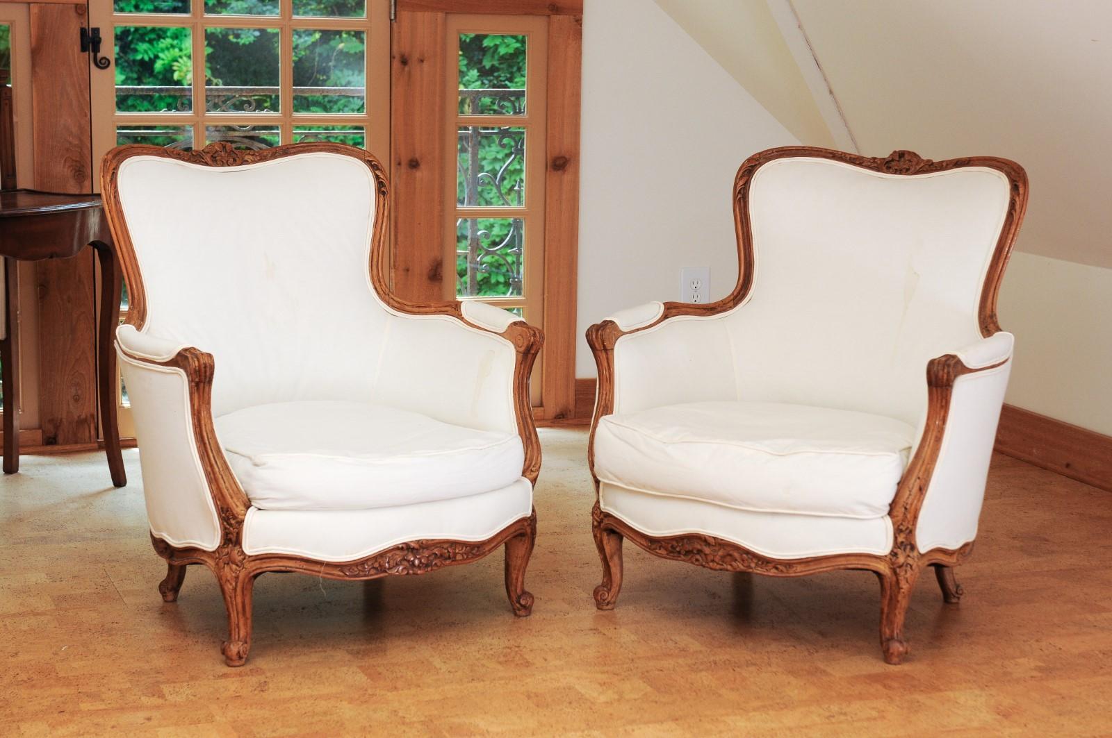 Small Pair of French 19th Century Louis XV Style Walnut Bergères with Upholstery 12