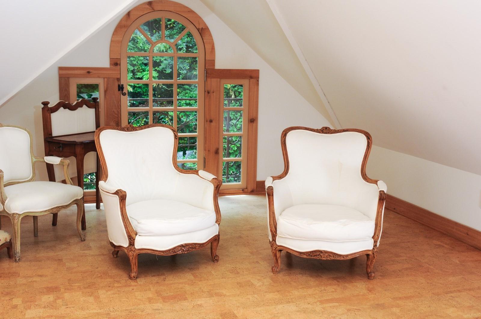 Carved Small Pair of French 19th Century Louis XV Style Walnut Bergères with Upholstery