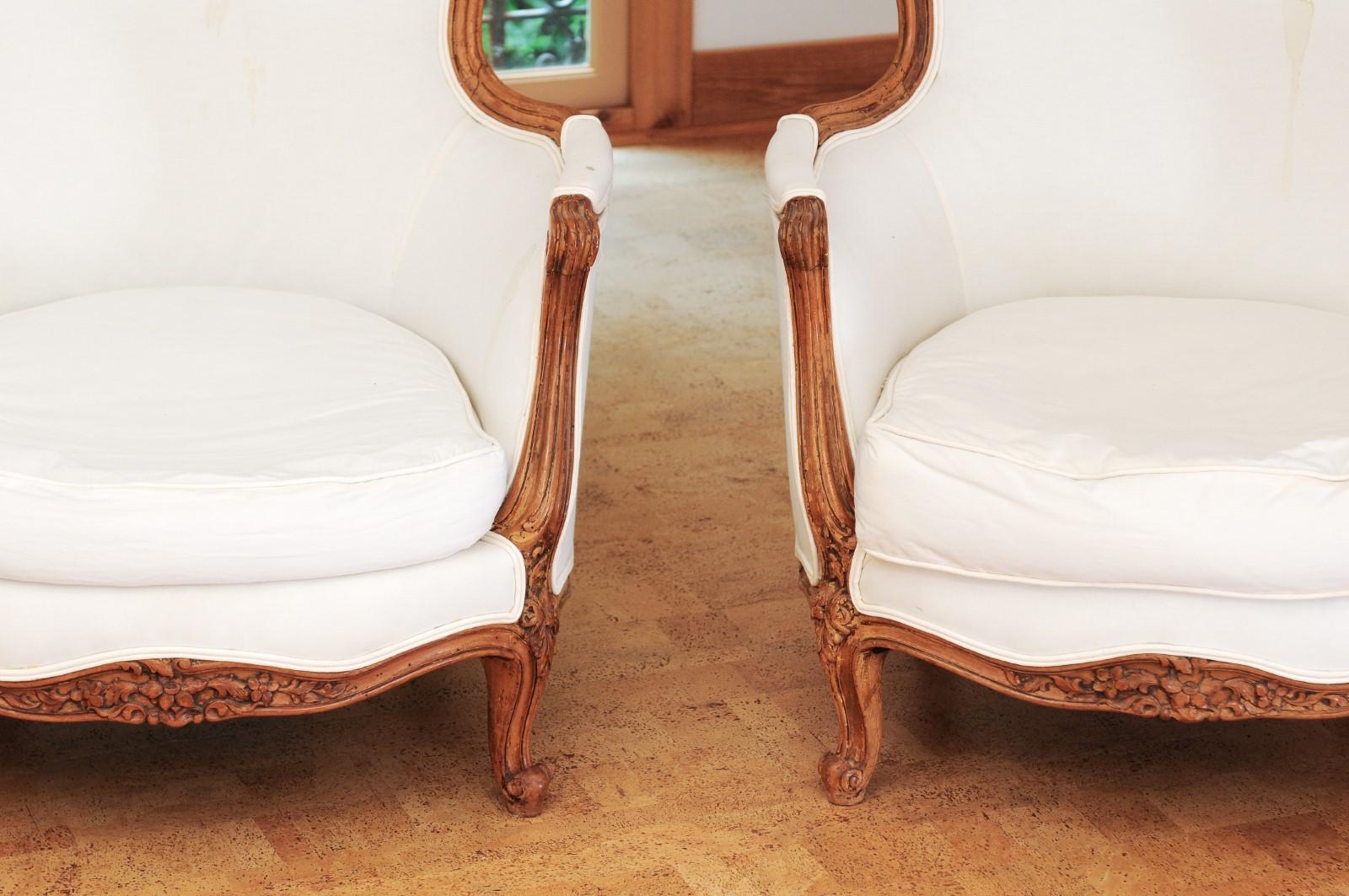 Small Pair of French 19th Century Louis XV Style Walnut Bergères with Upholstery 1