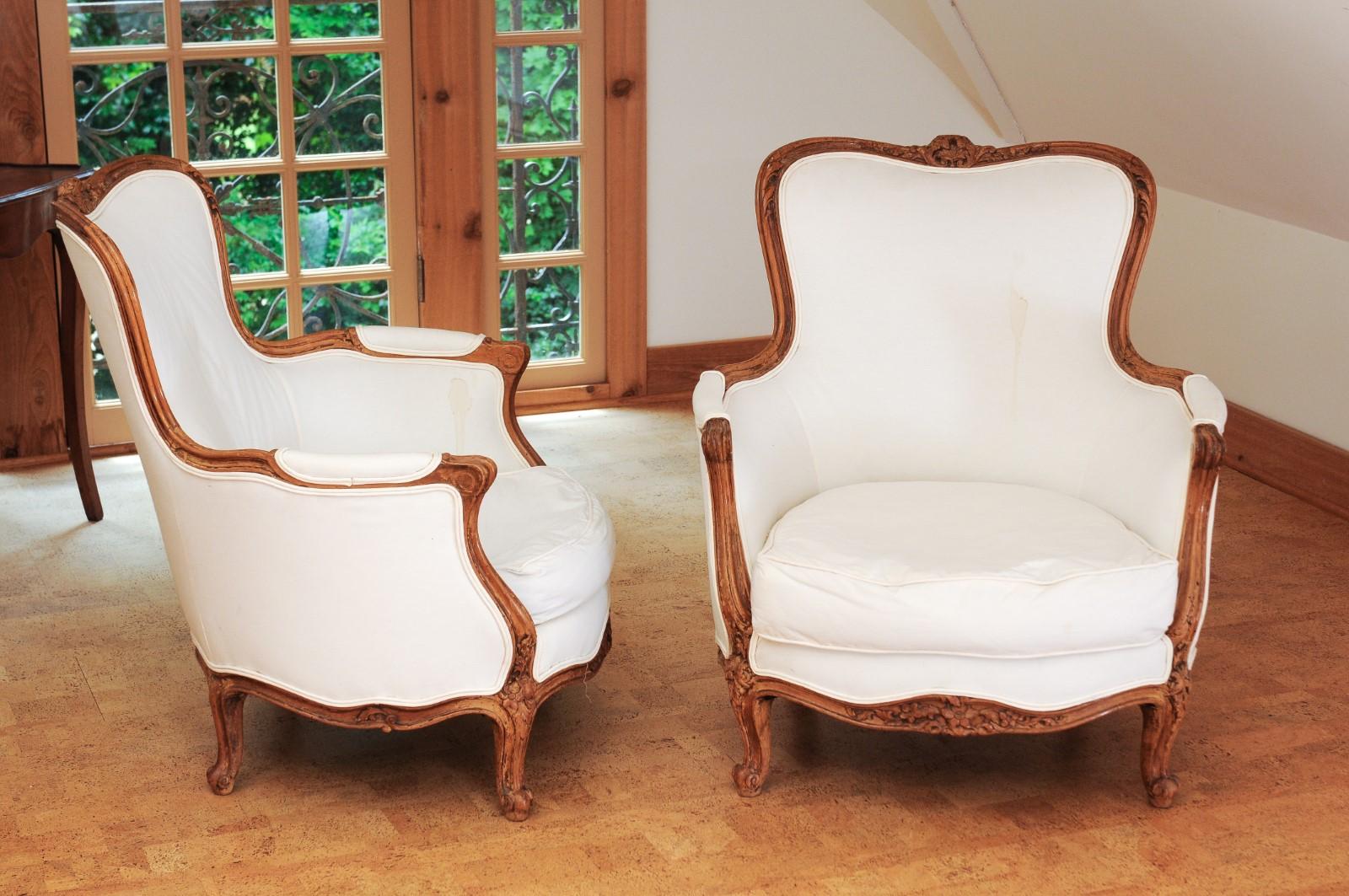 Small Pair of French 19th Century Louis XV Style Walnut Bergères with Upholstery 5