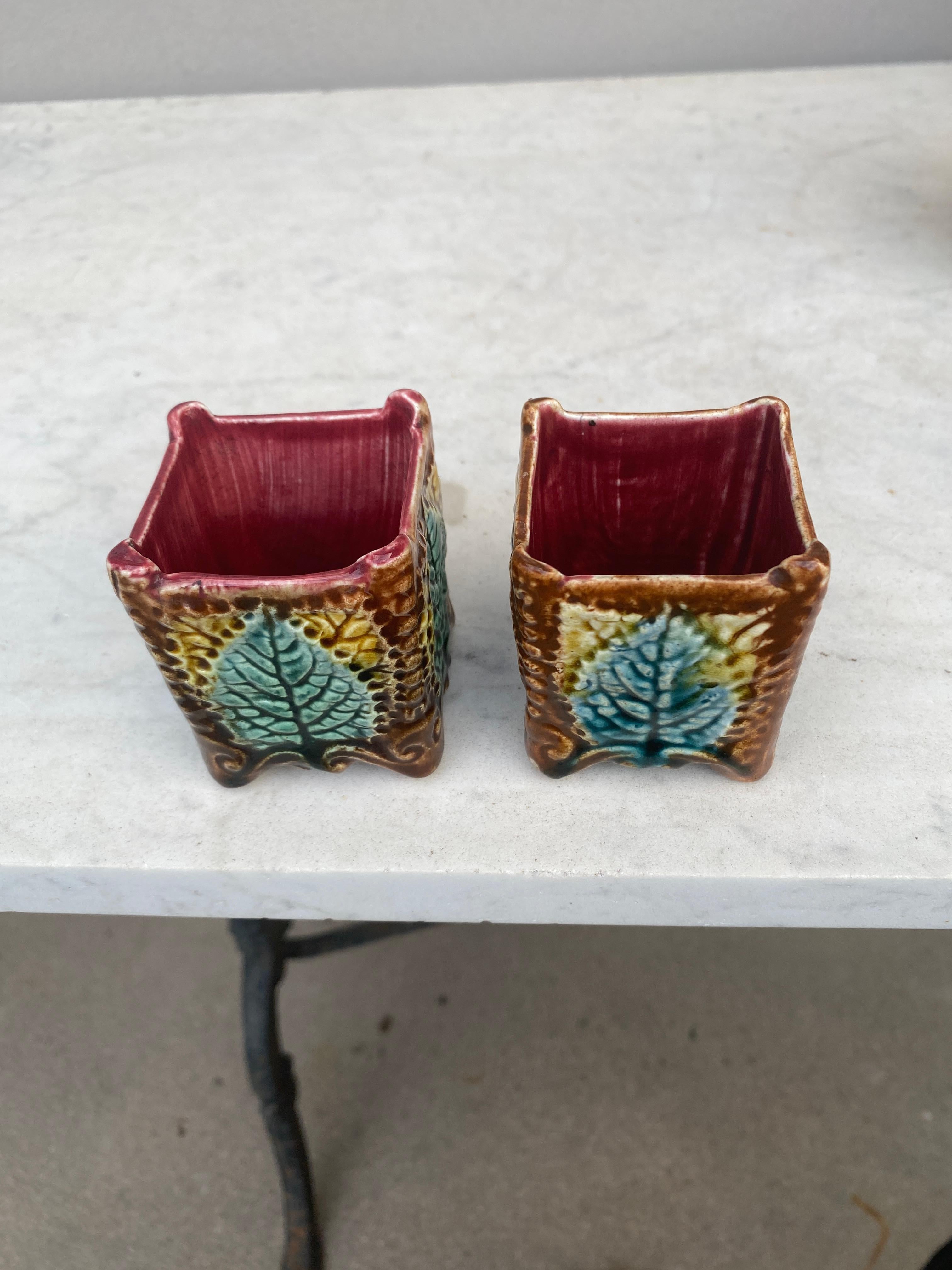 Small pair of French Majolica Cache pot, circa 1890.
Decorated with leaves.