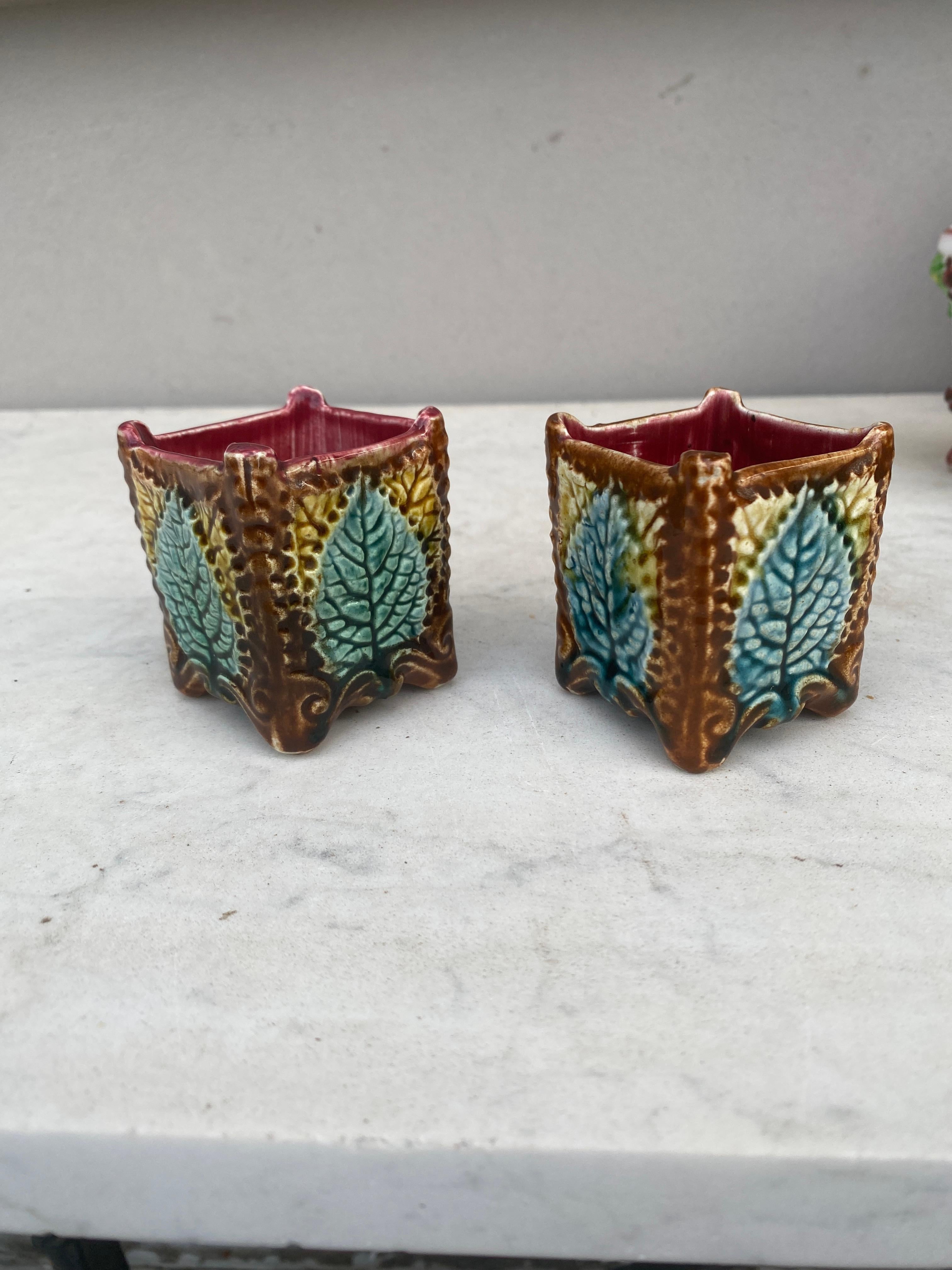 Rustic Small Pair of French Majolica Cache Pot , circa 1890 For Sale