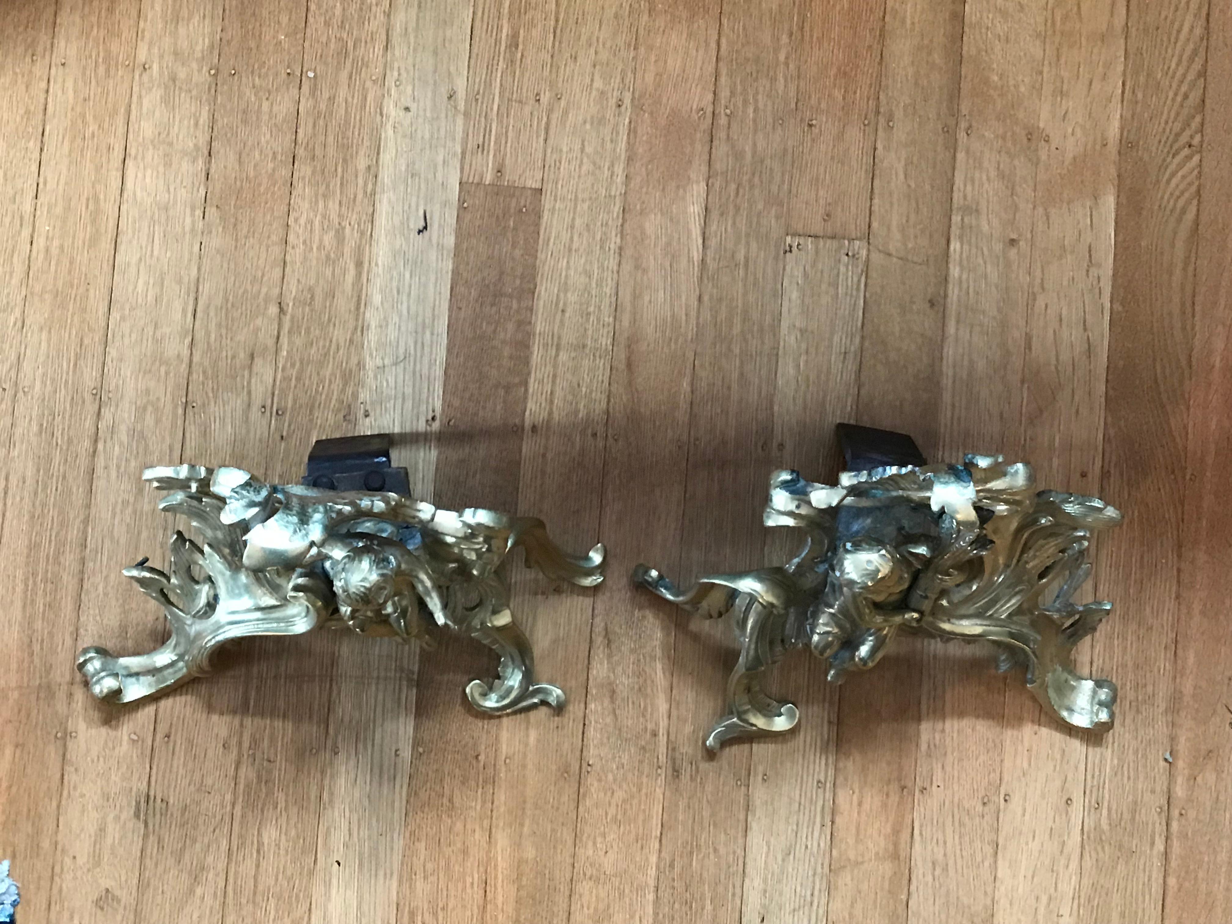 Small Pair of French Ormolu Fireplace Chenets, Cherub Motif, circa 1890-1900 In Good Condition For Sale In Seattle, WA