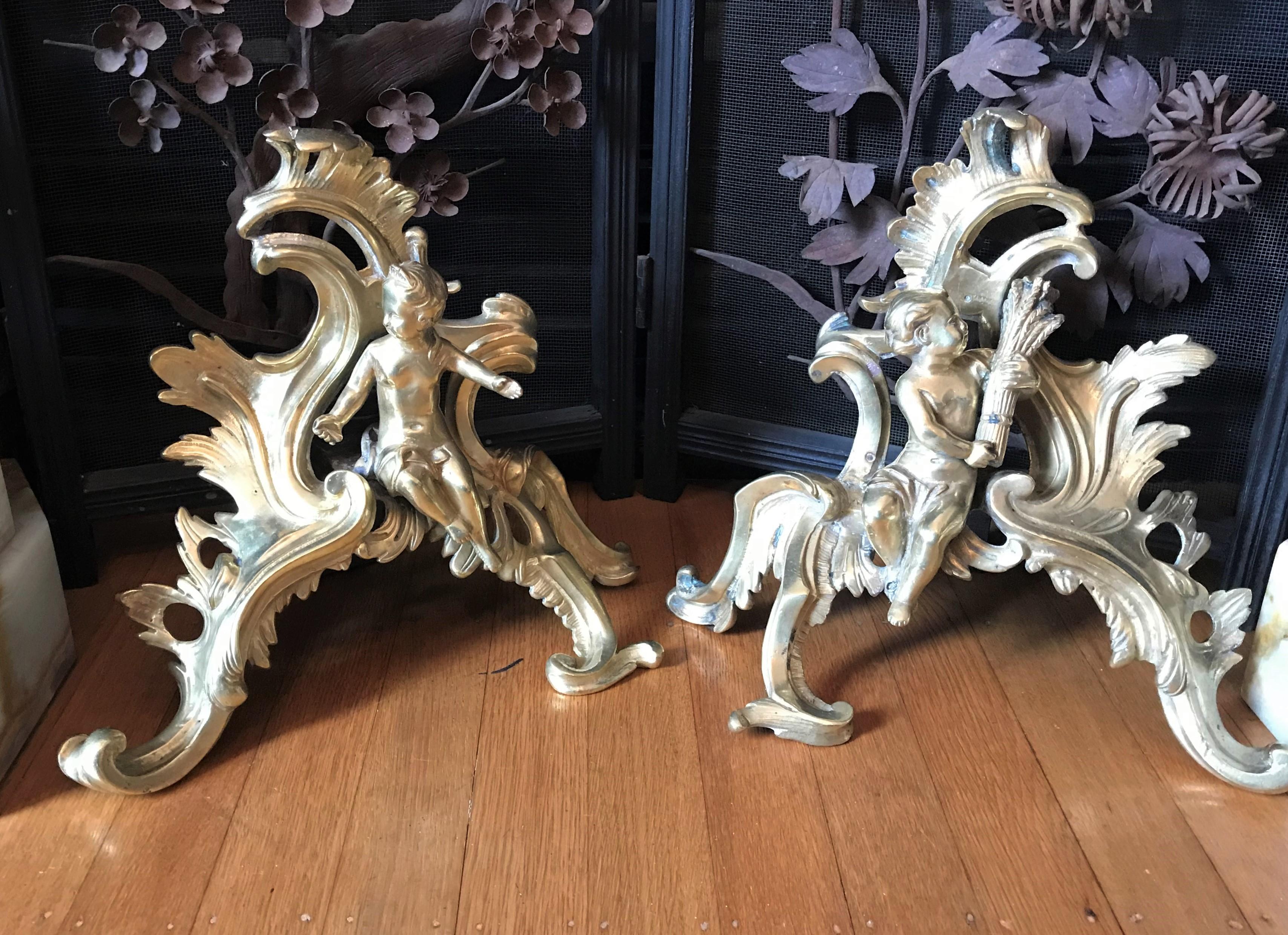Late 19th Century Small Pair of French Ormolu Fireplace Chenets, Cherub Motif, circa 1890-1900 For Sale