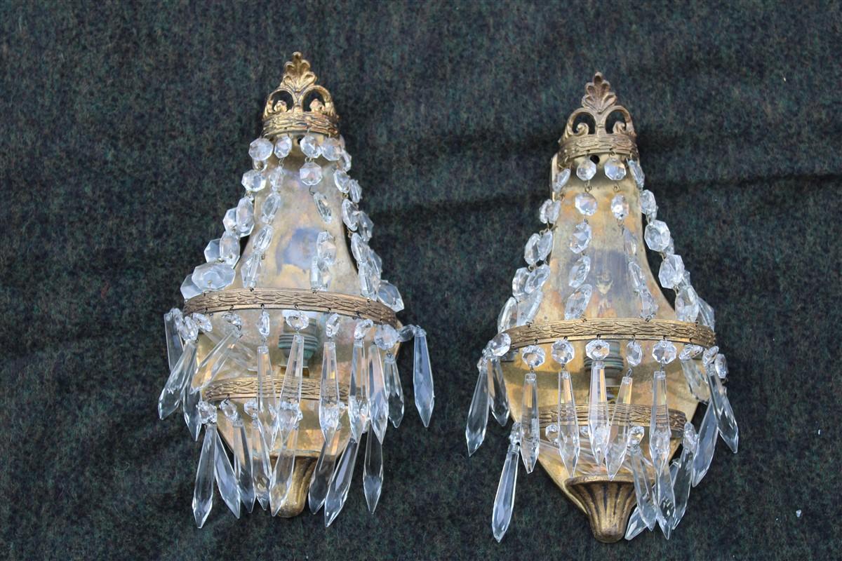 Small pair of French wall lamps in Machined brass and 1950s Crystals.