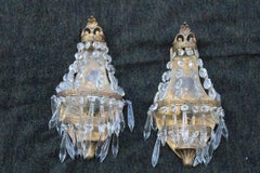 Small Pair of French Wall Lamps in Machined Brass and 1950s Crystals Baroque