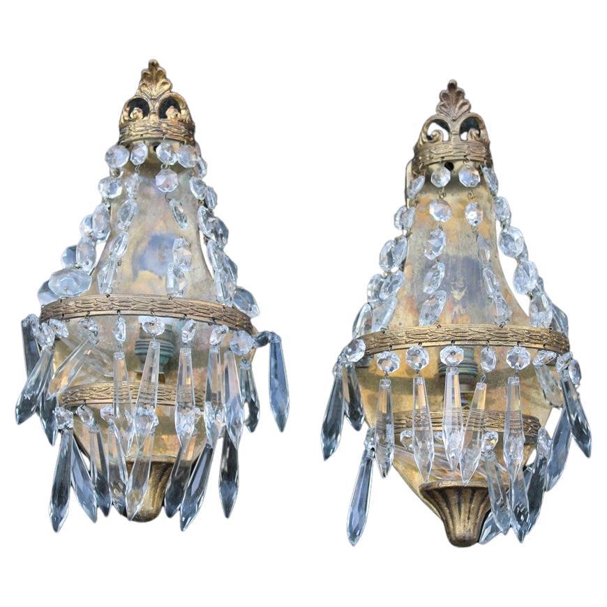 Small Pair of French Wall Lamps in Machined Brass and 1950s Crystals Baroque For Sale