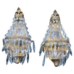 Small Pair of French Wall Lamps in Machined Brass and 1950s Crystals Baroque