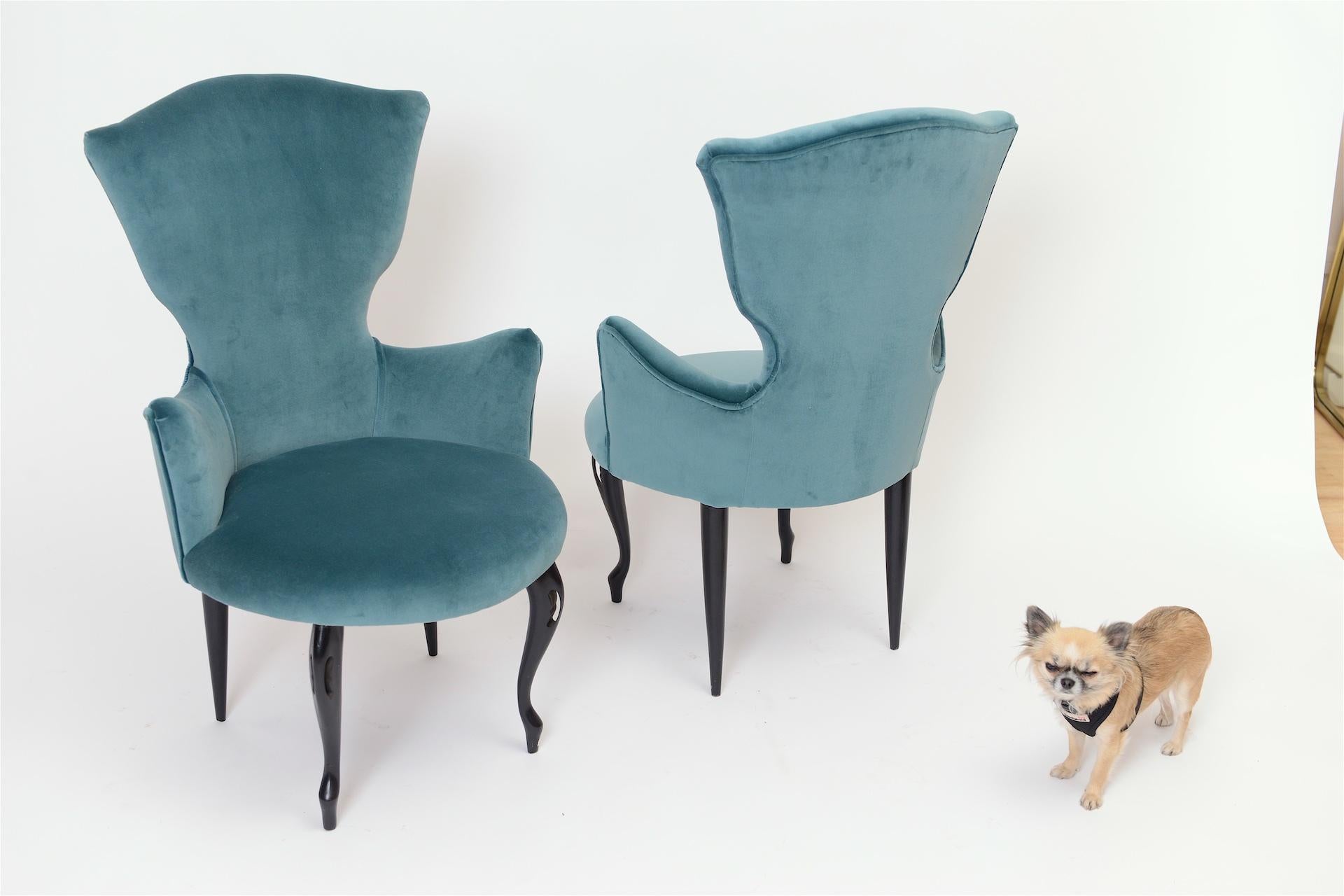 Unusual and decorative Italian chairs, circa 1950s. 

Re upholstered in blue Holland and Sherry velvet.
 