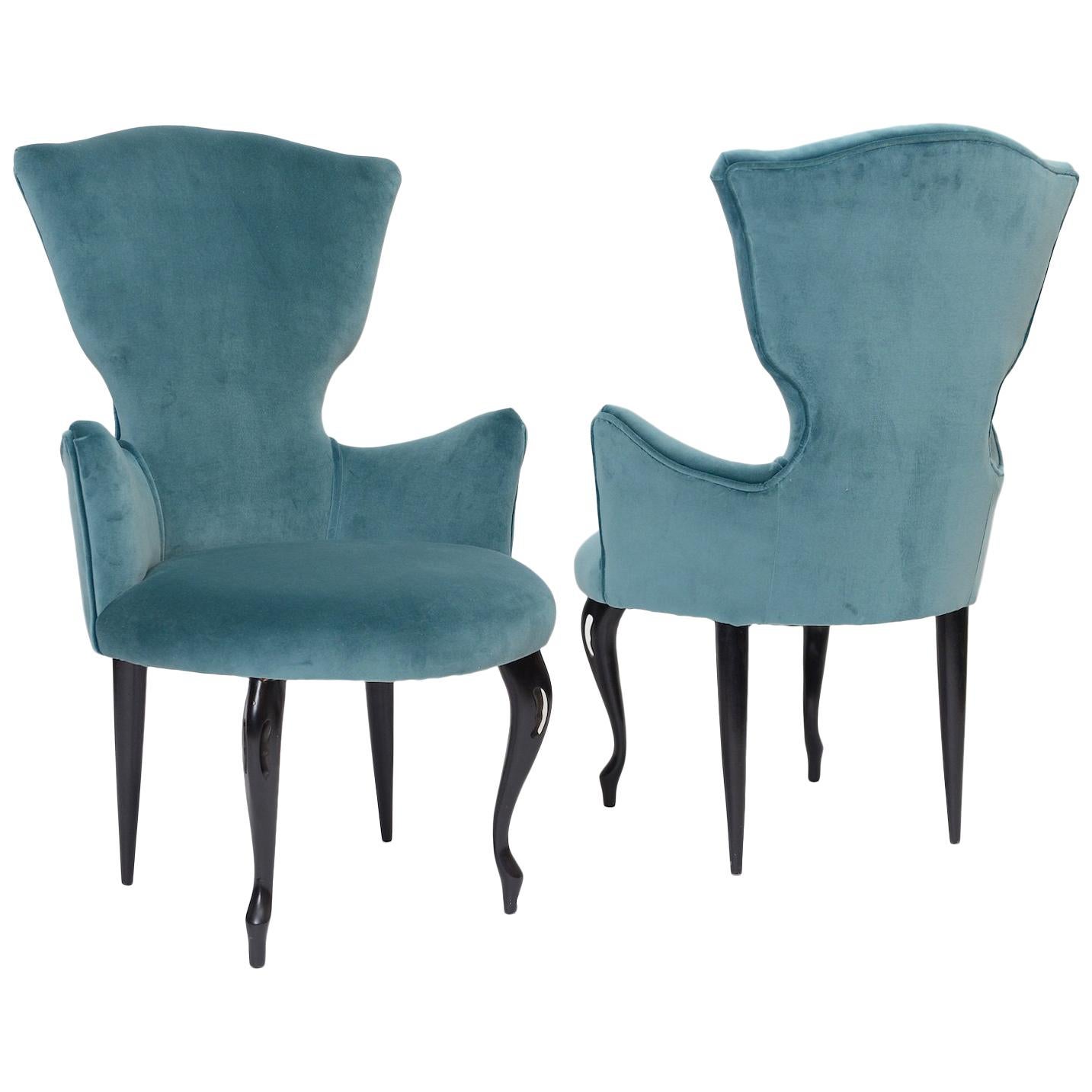 Small Pair of Italian 1950s Chairs in Blue Velvet