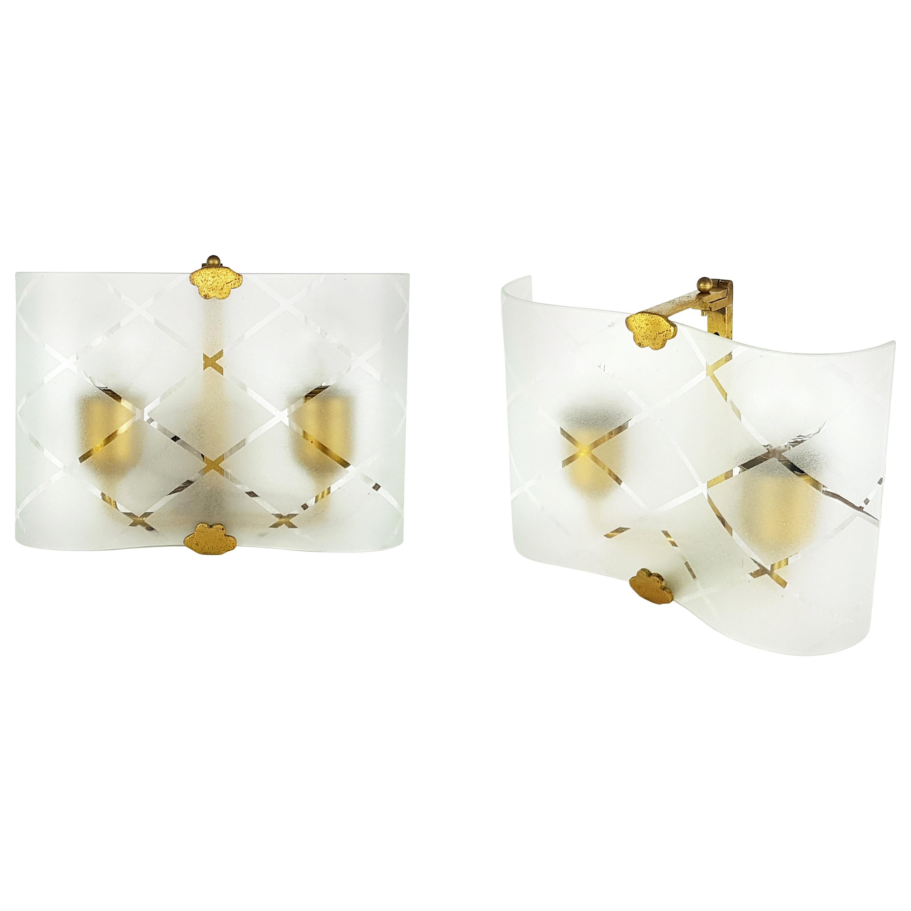 Small Pair of Italian Bent Glass and Brass 1940s Sconces