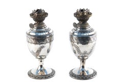Small Pair of Quality Antique Silver Plated Oil Lamps