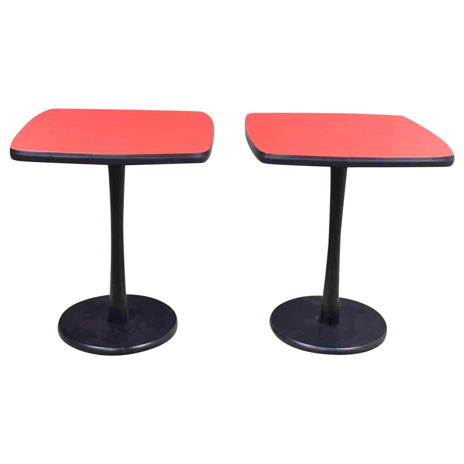 Small Pair of Red Laminate Squircle Pedestal Side Tables Mid-Century Modern