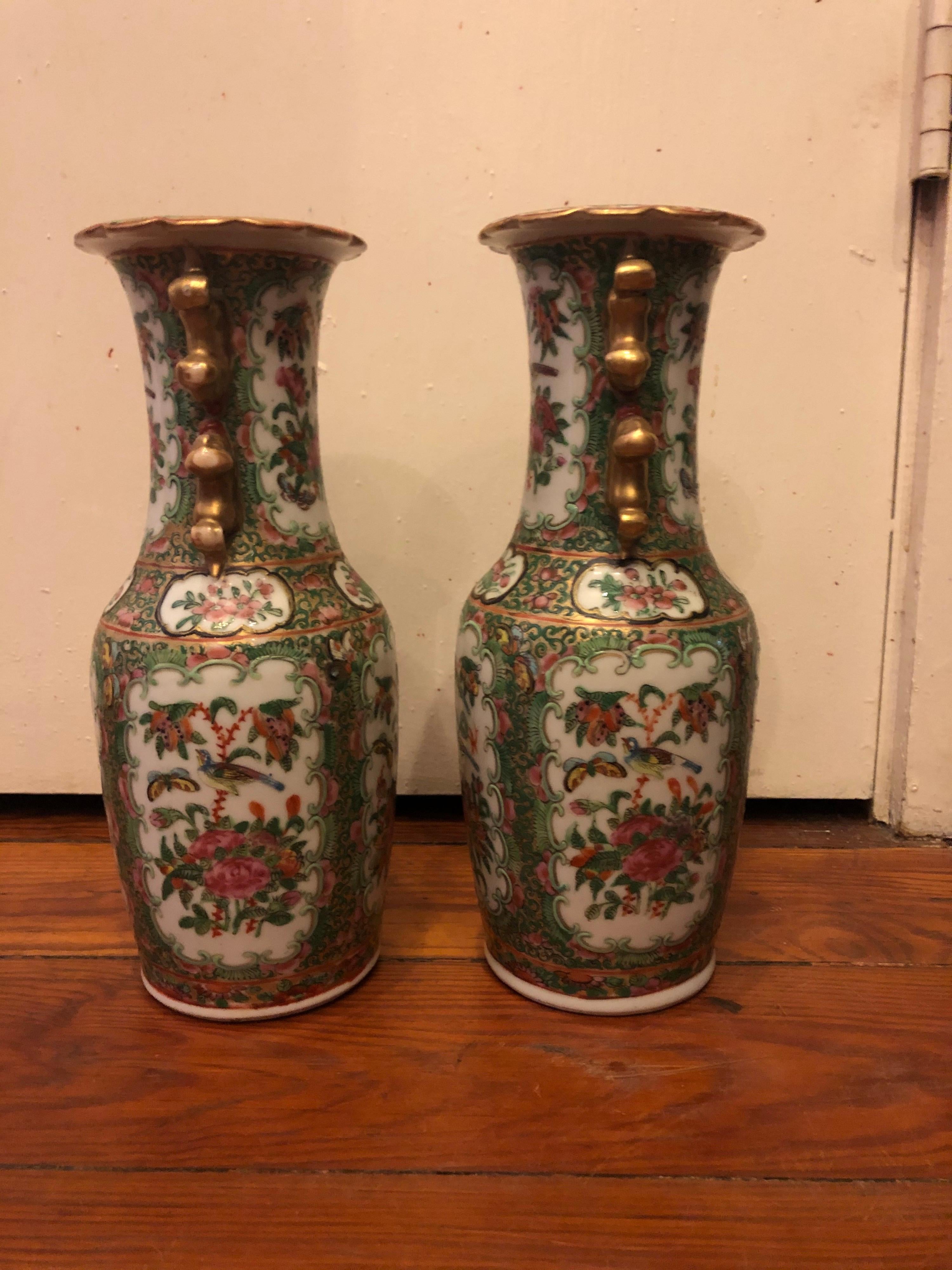 Am pair of famille rose, rose medallion, vases with gilt foo handles.