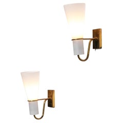 Small Pair of Swedish Hans Bergström Sconces for ASEA Brass and Opaline, G203