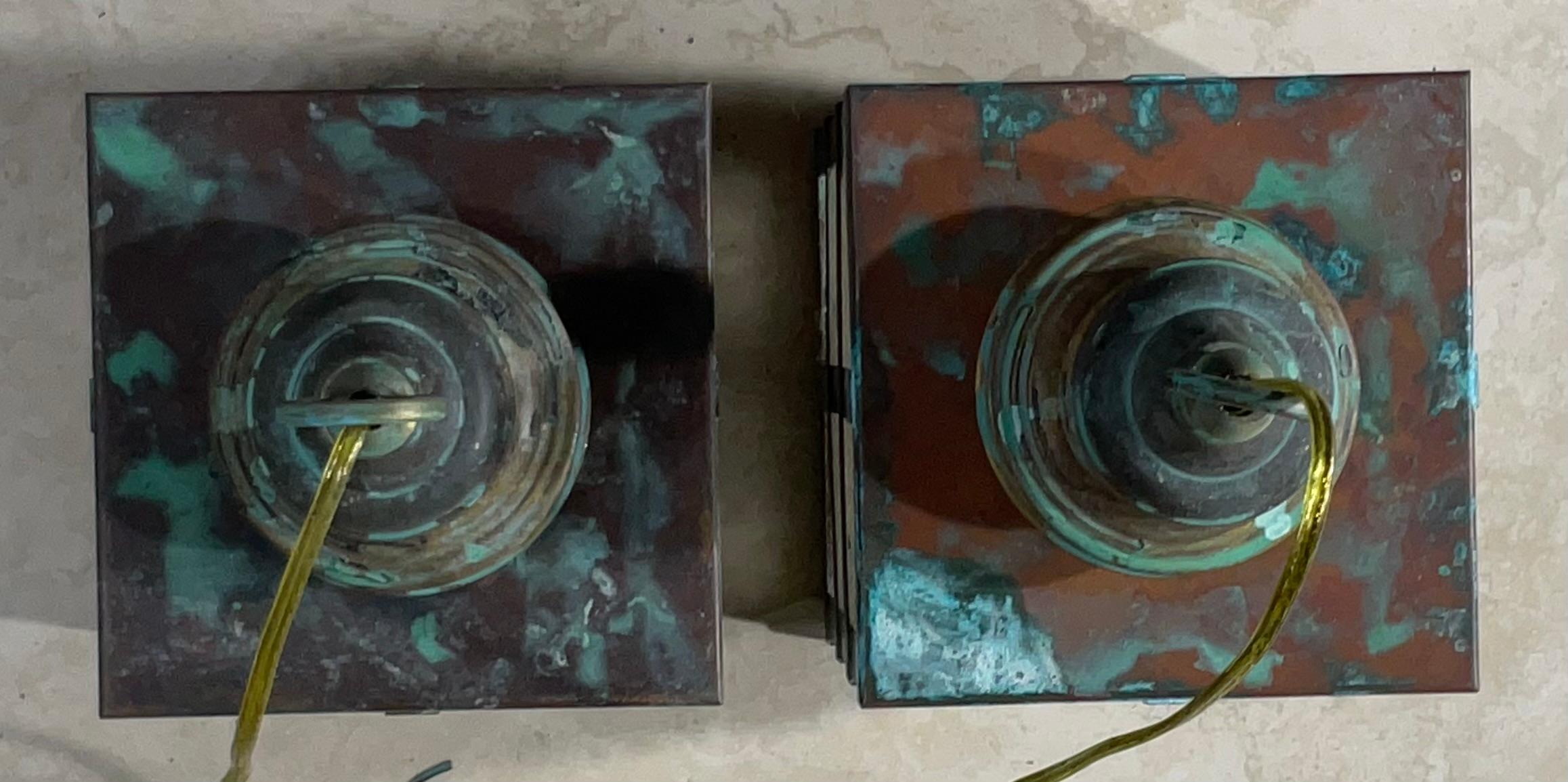 Small Pair of Vintage Square Copper and Brass Ceiling Lanterns 13”.5 x 6” For Sale 4