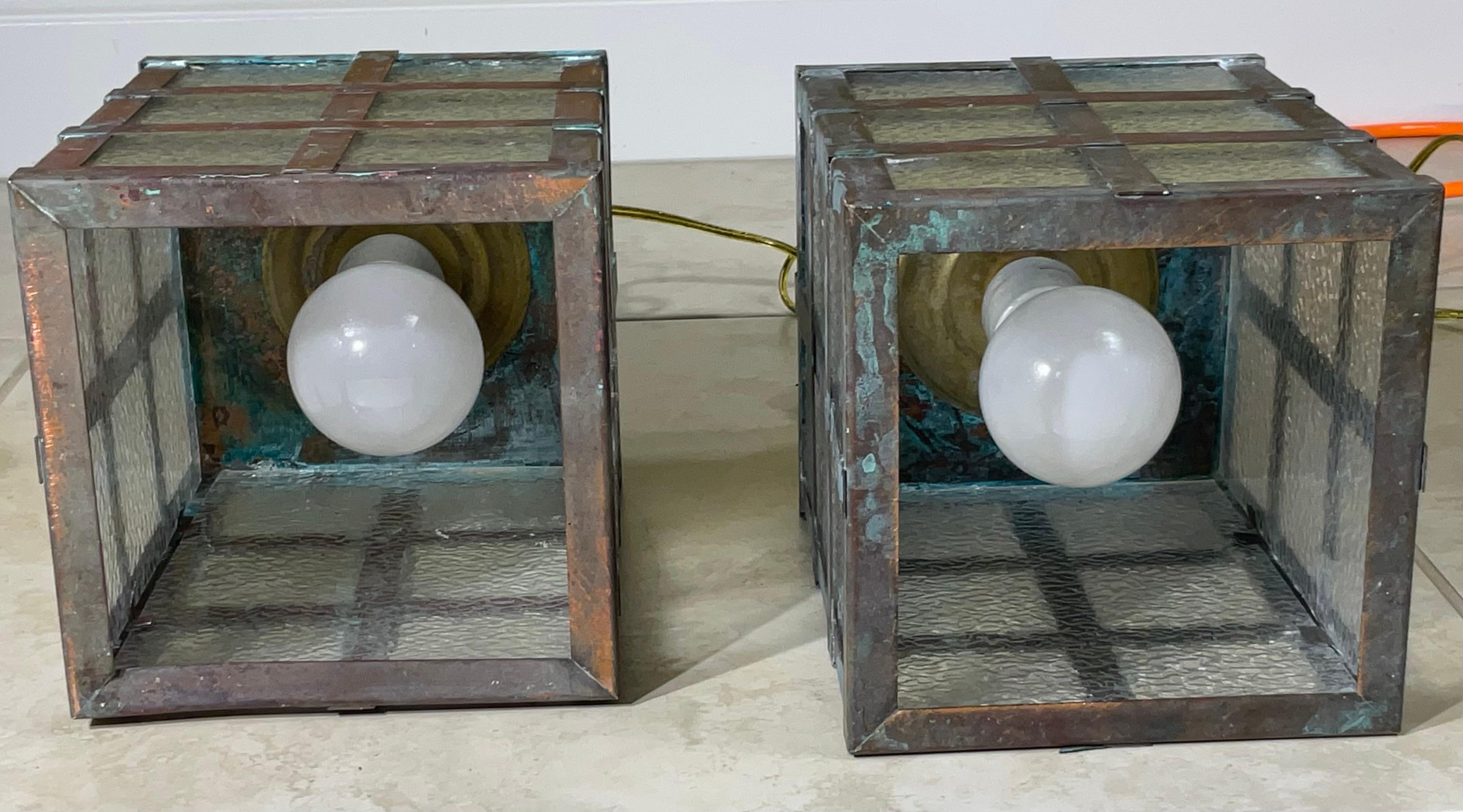 Small Pair of Vintage Square Copper and Brass Ceiling Lanterns 13”.5 x 6” For Sale 5